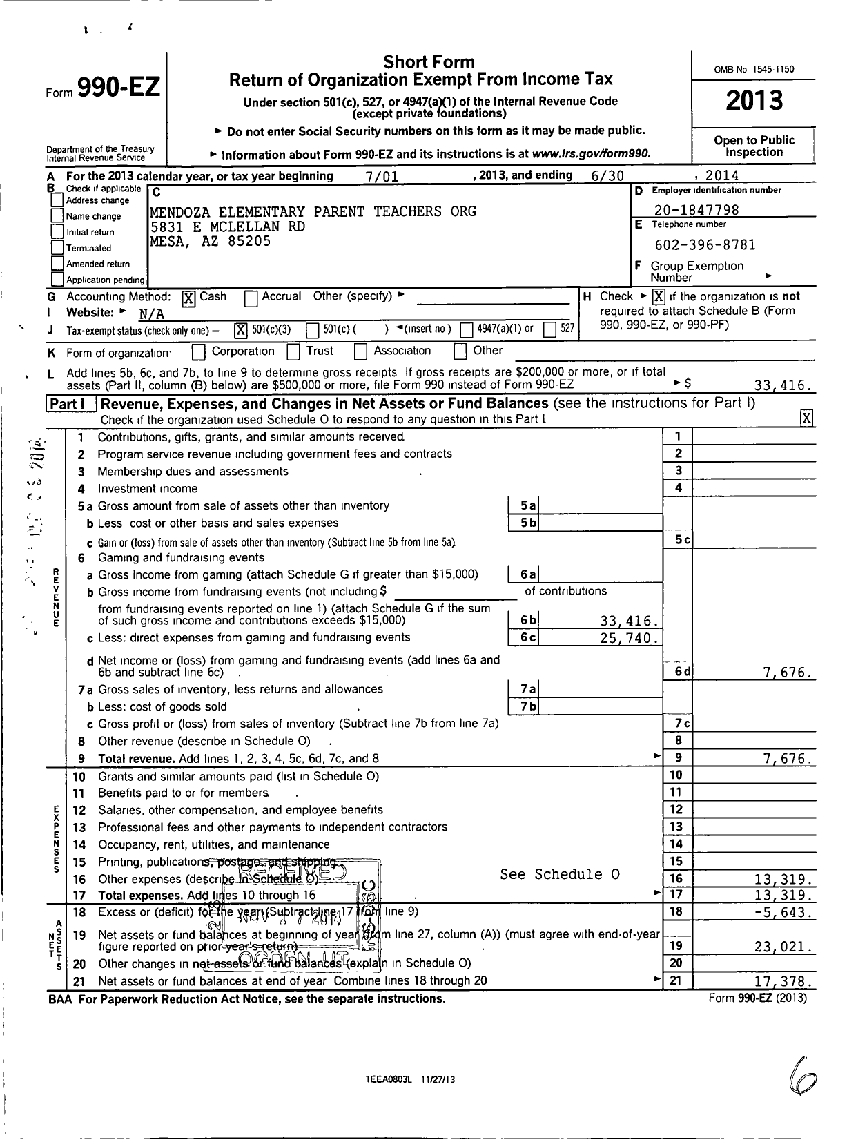 Image of first page of 2013 Form 990EZ for Mendoza Elementary Parent Teacher Organization