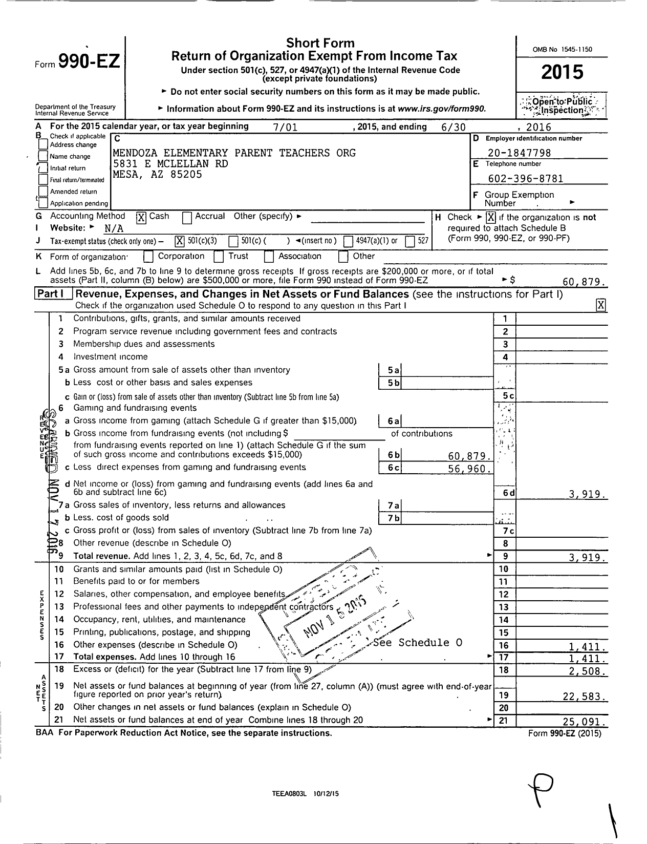 Image of first page of 2015 Form 990EZ for Mendoza Elementary Parent Teacher Organization