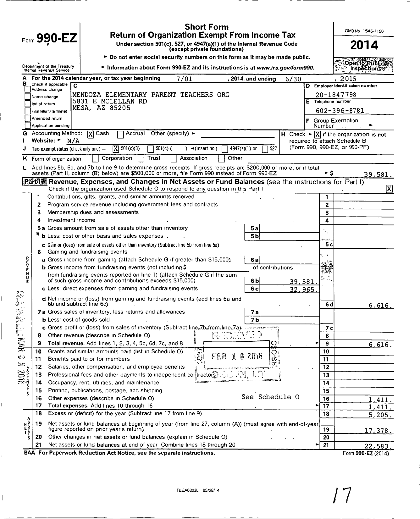 Image of first page of 2014 Form 990EZ for Mendoza Elementary Parent Teacher Organization