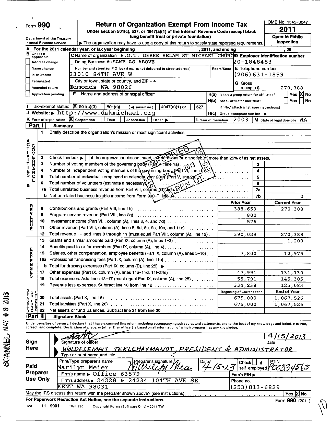 Image of first page of 2011 Form 990 for St Michael Ethiopian Orthodox Tewahda Church