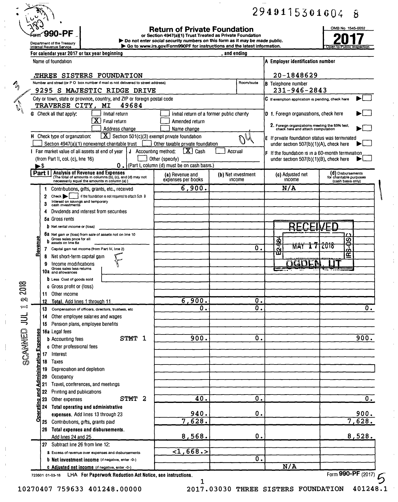 Image of first page of 2017 Form 990PF for Three Sisters Foundation