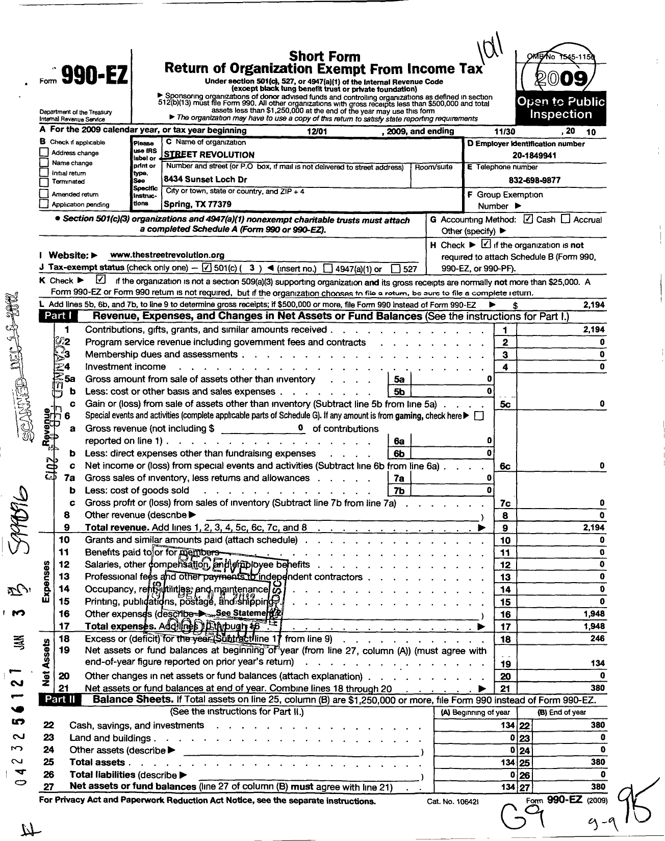 Image of first page of 2009 Form 990EZ for Street Revolution