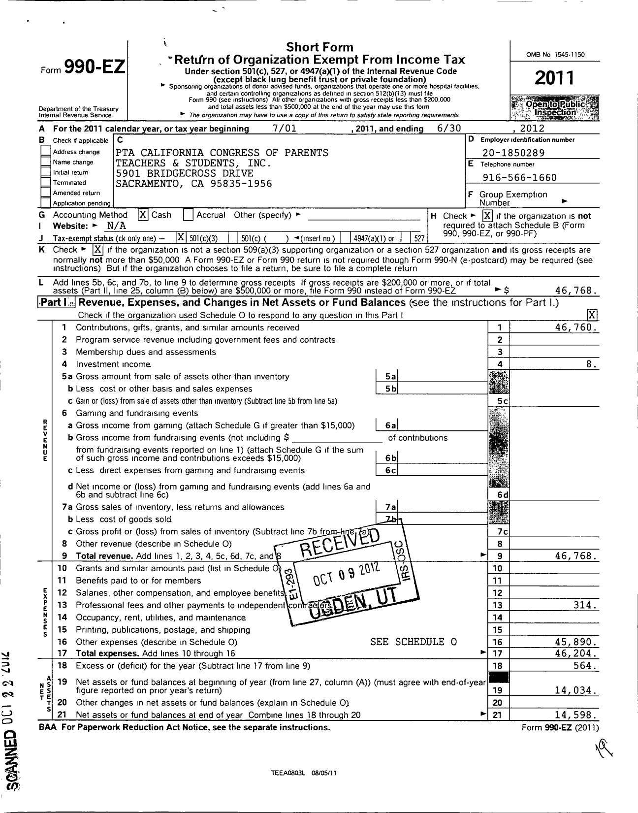 Image of first page of 2011 Form 990EZ for California State PTA - 5856 Regency Park Elem School PTA