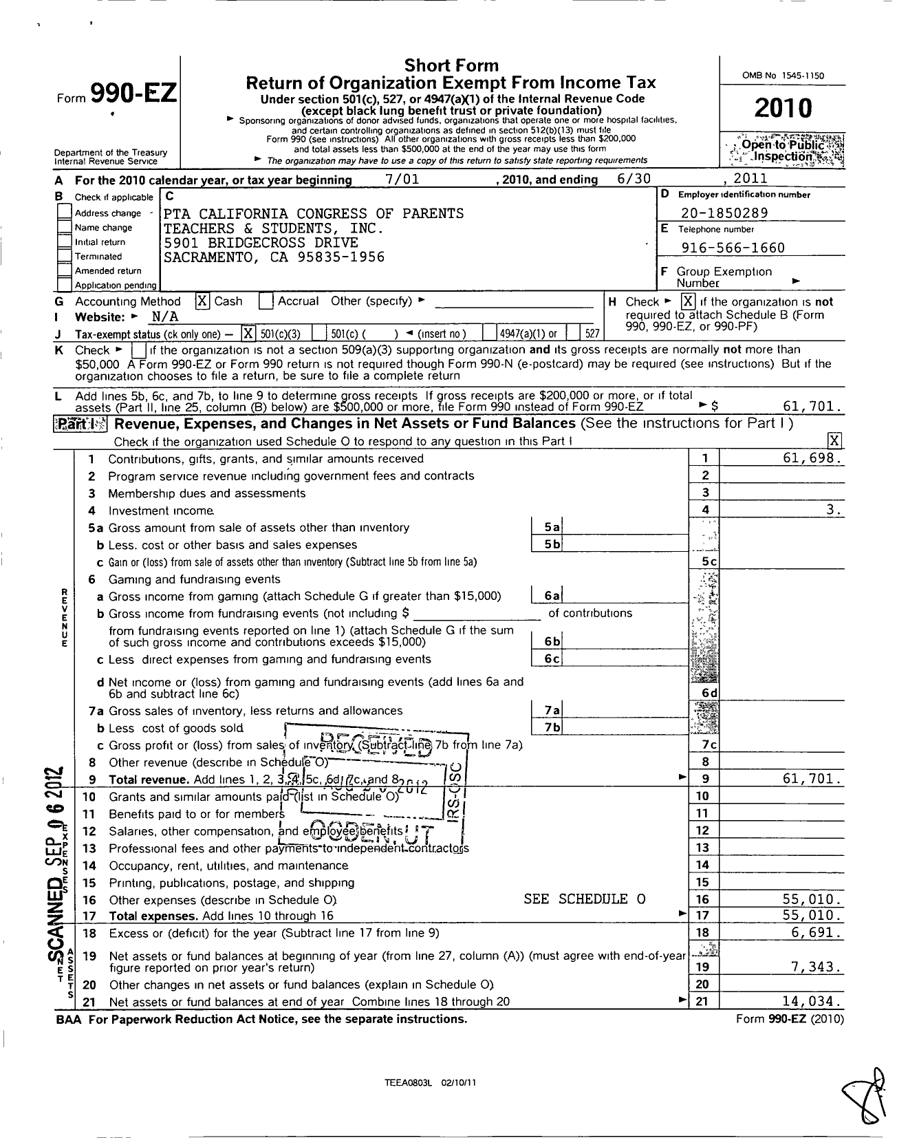 Image of first page of 2010 Form 990EZ for California State PTA - 5856 Regency Park Elem School PTA