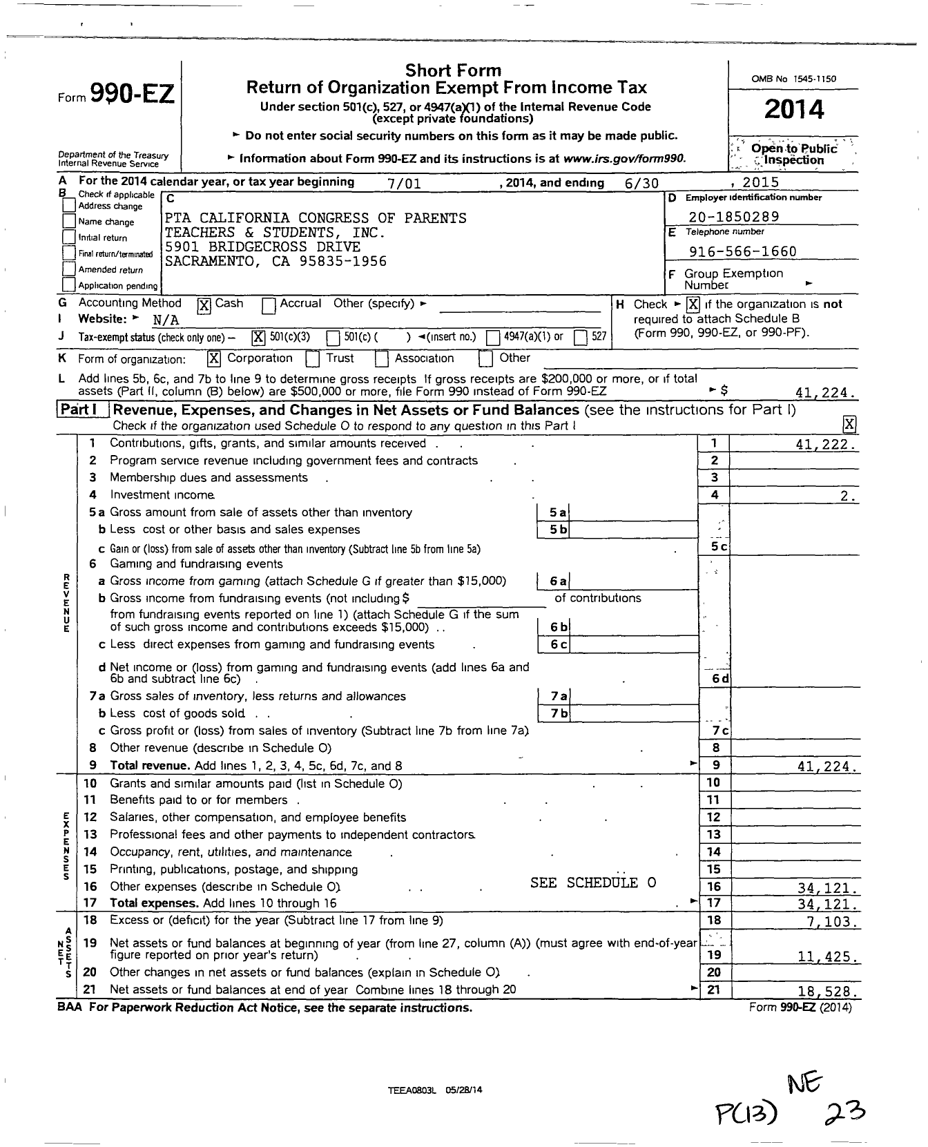 Image of first page of 2014 Form 990EZ for California State PTA - 5856 Regency Park Elem School PTA