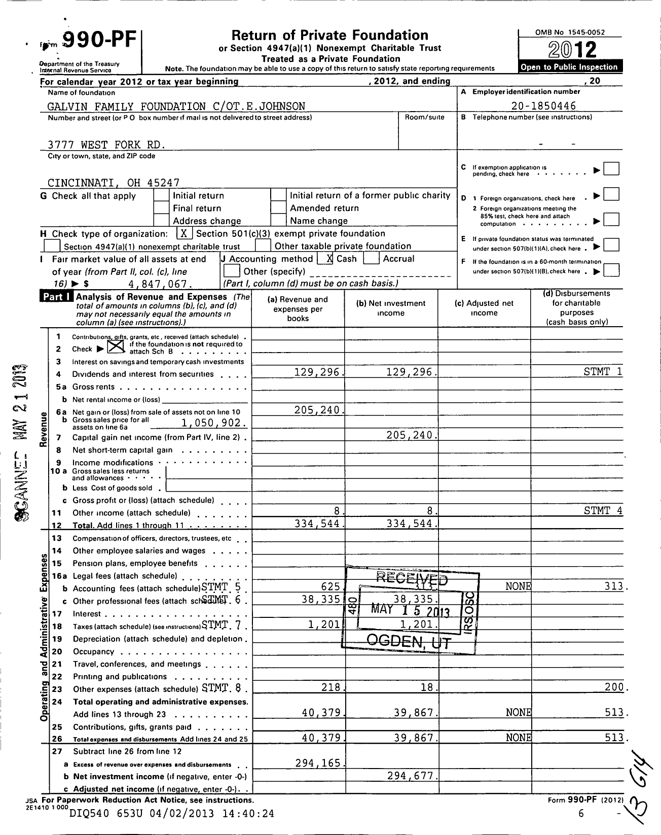 Image of first page of 2012 Form 990PF for Galvin Family Foundation