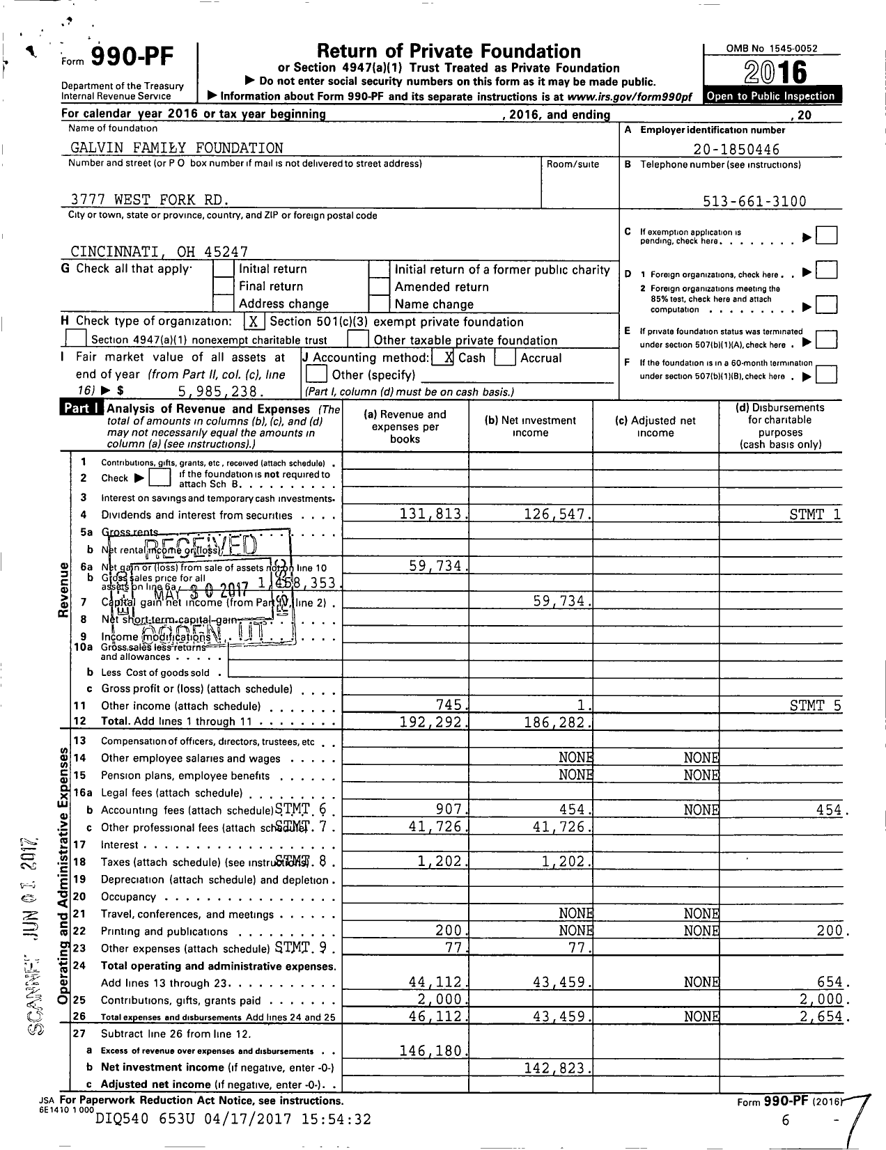 Image of first page of 2016 Form 990PF for Galvin Family Foundation