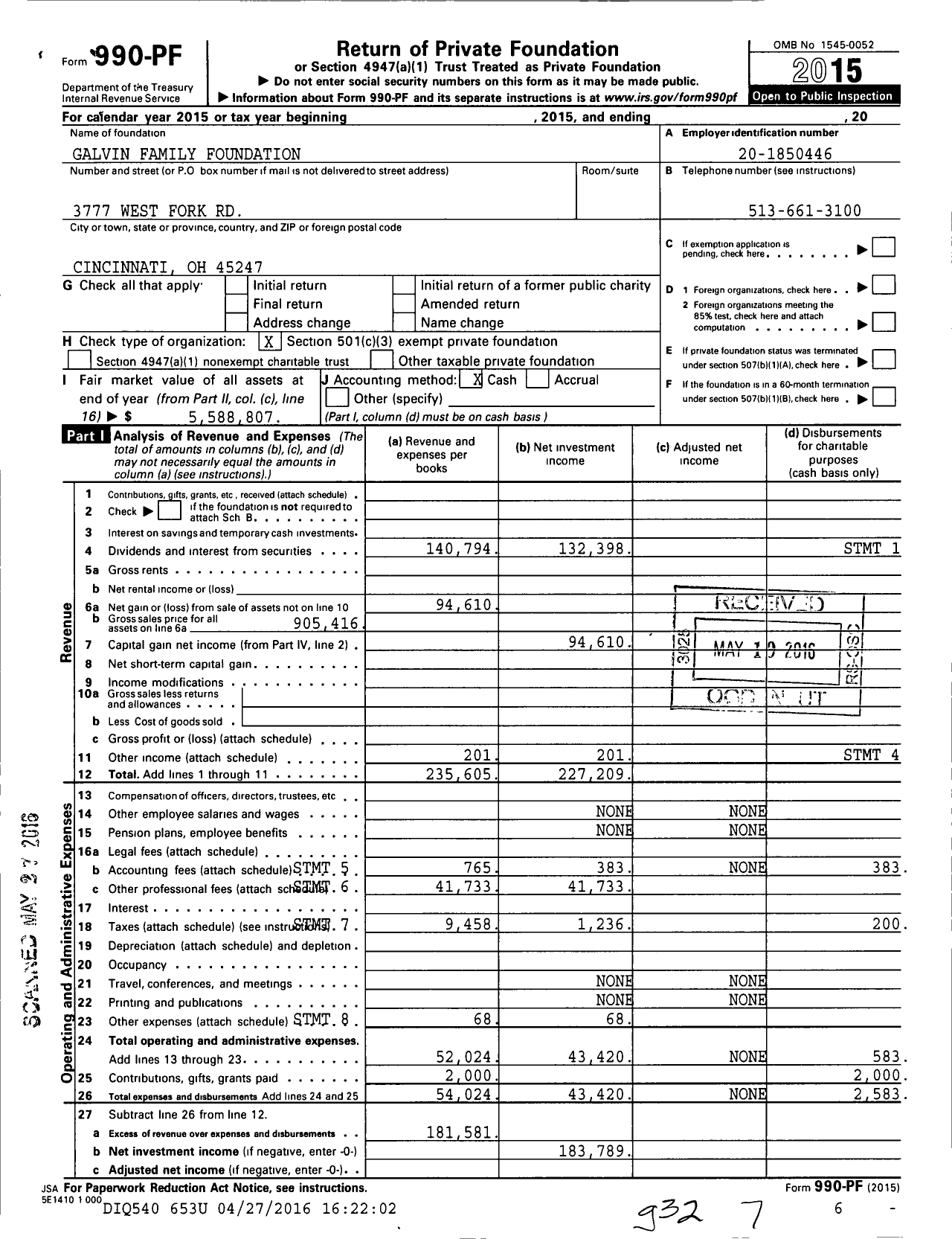 Image of first page of 2015 Form 990PF for Galvin Family Foundation