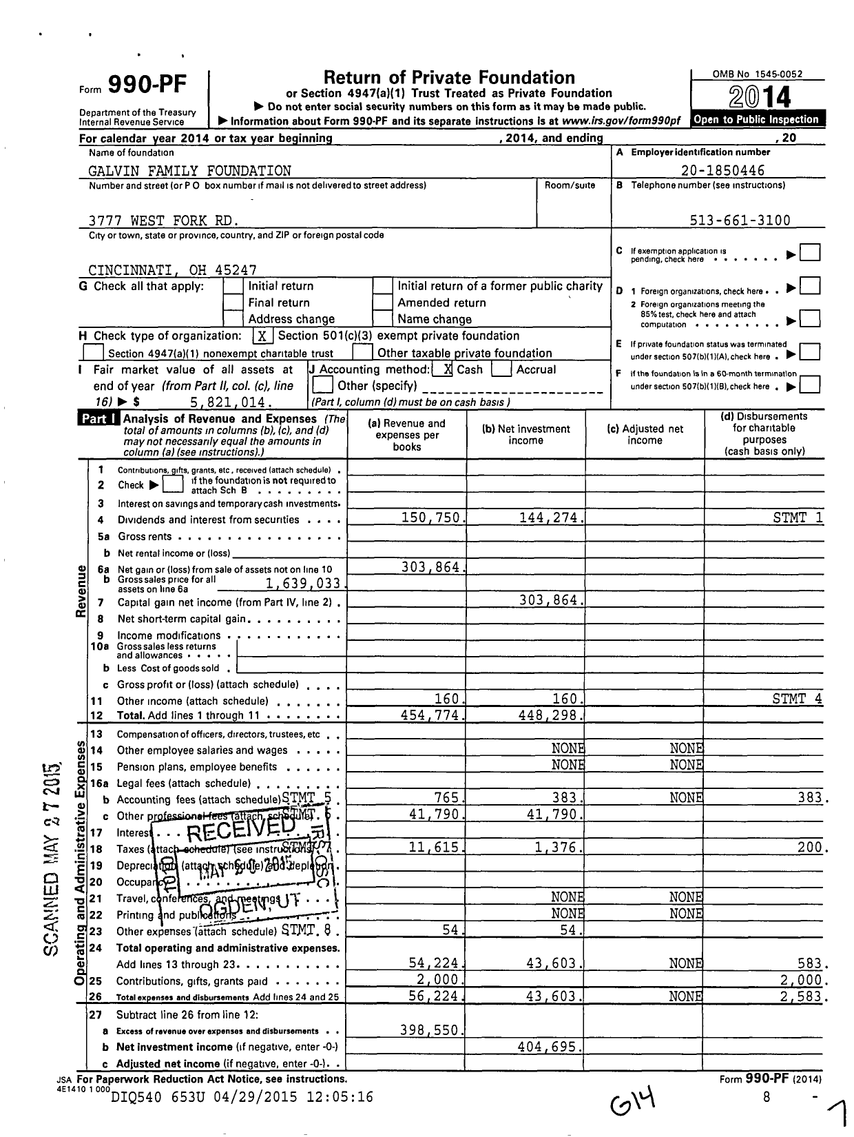 Image of first page of 2014 Form 990PF for Galvin Family Foundation