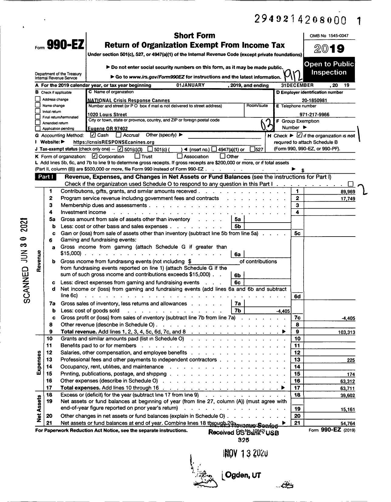 Image of first page of 2019 Form 990EZ for National Crisis Response Canines