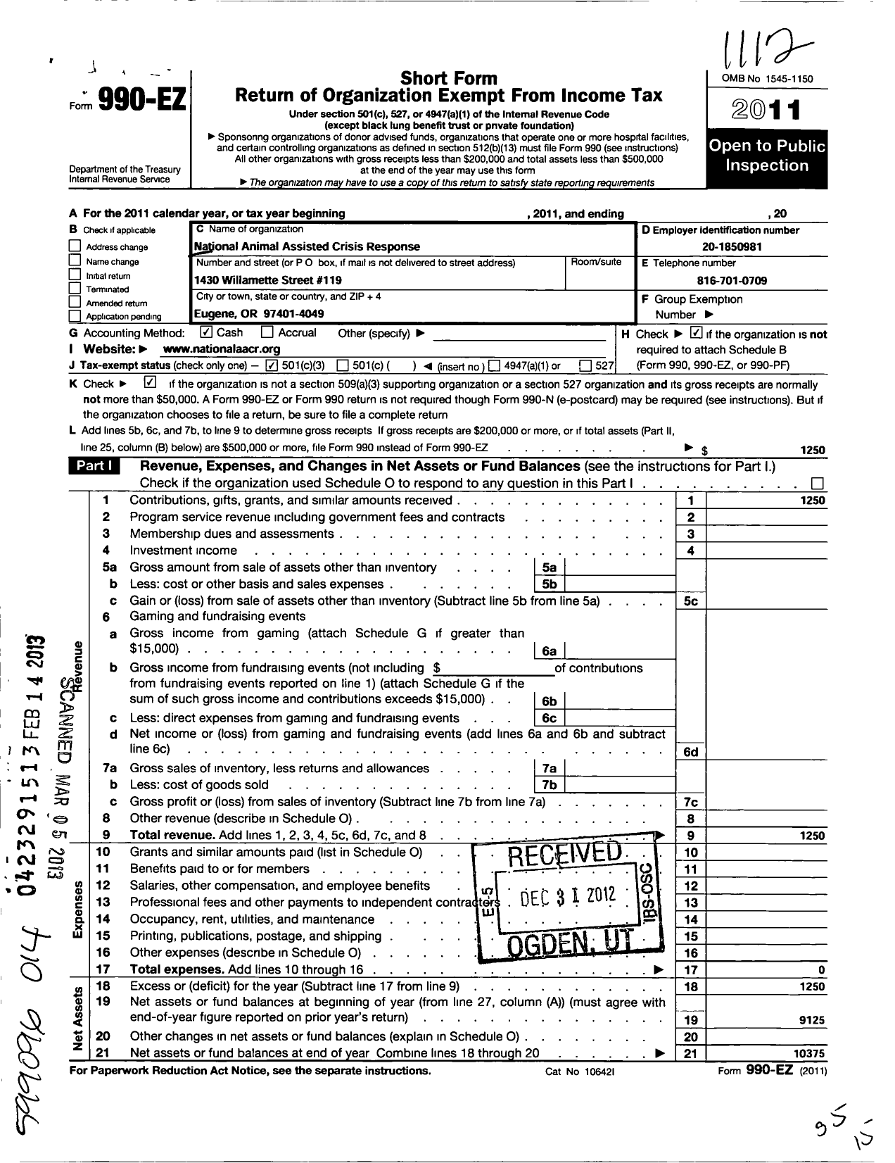 Image of first page of 2011 Form 990EZ for National Crisis Response Canines