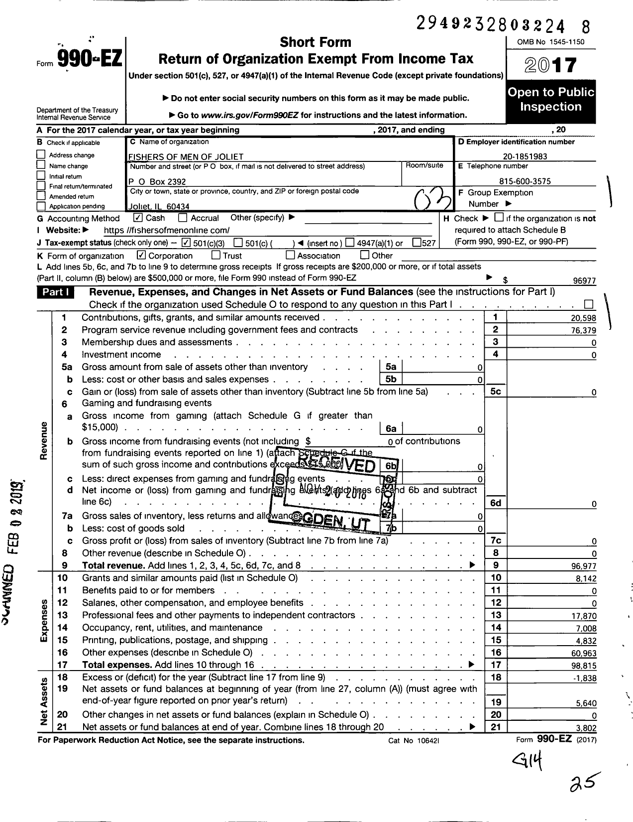 Image of first page of 2017 Form 990EZ for Men of Christ Joliet