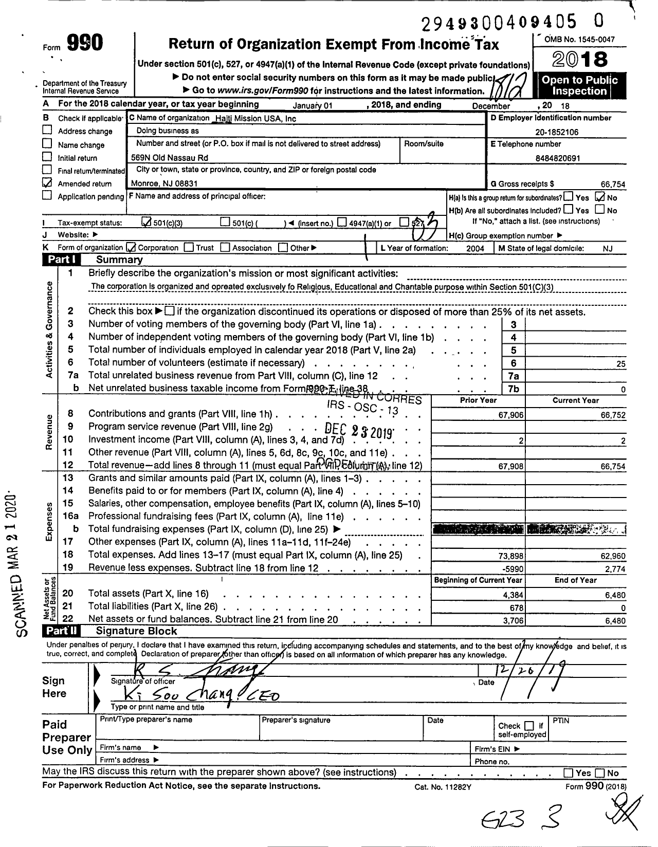 Image of first page of 2018 Form 990 for Haiti Mission USA