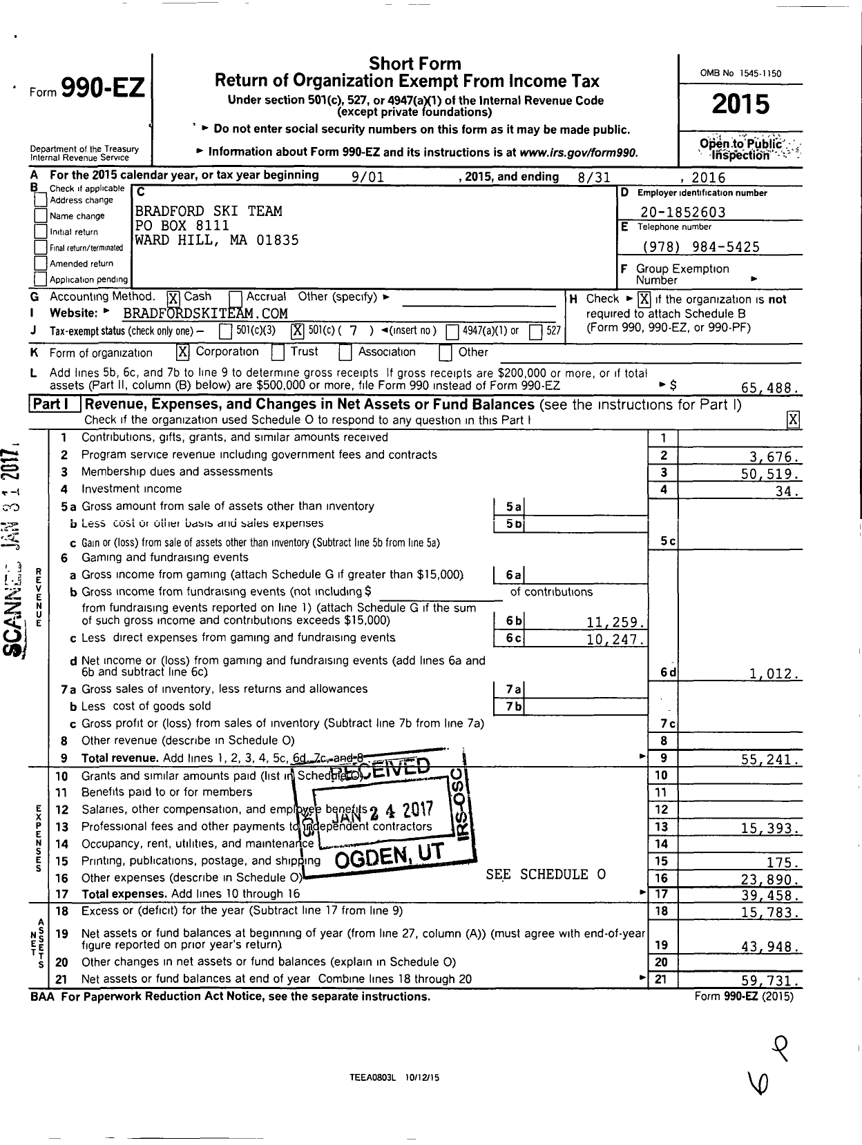 Image of first page of 2015 Form 990EO for Bradford Ski Team