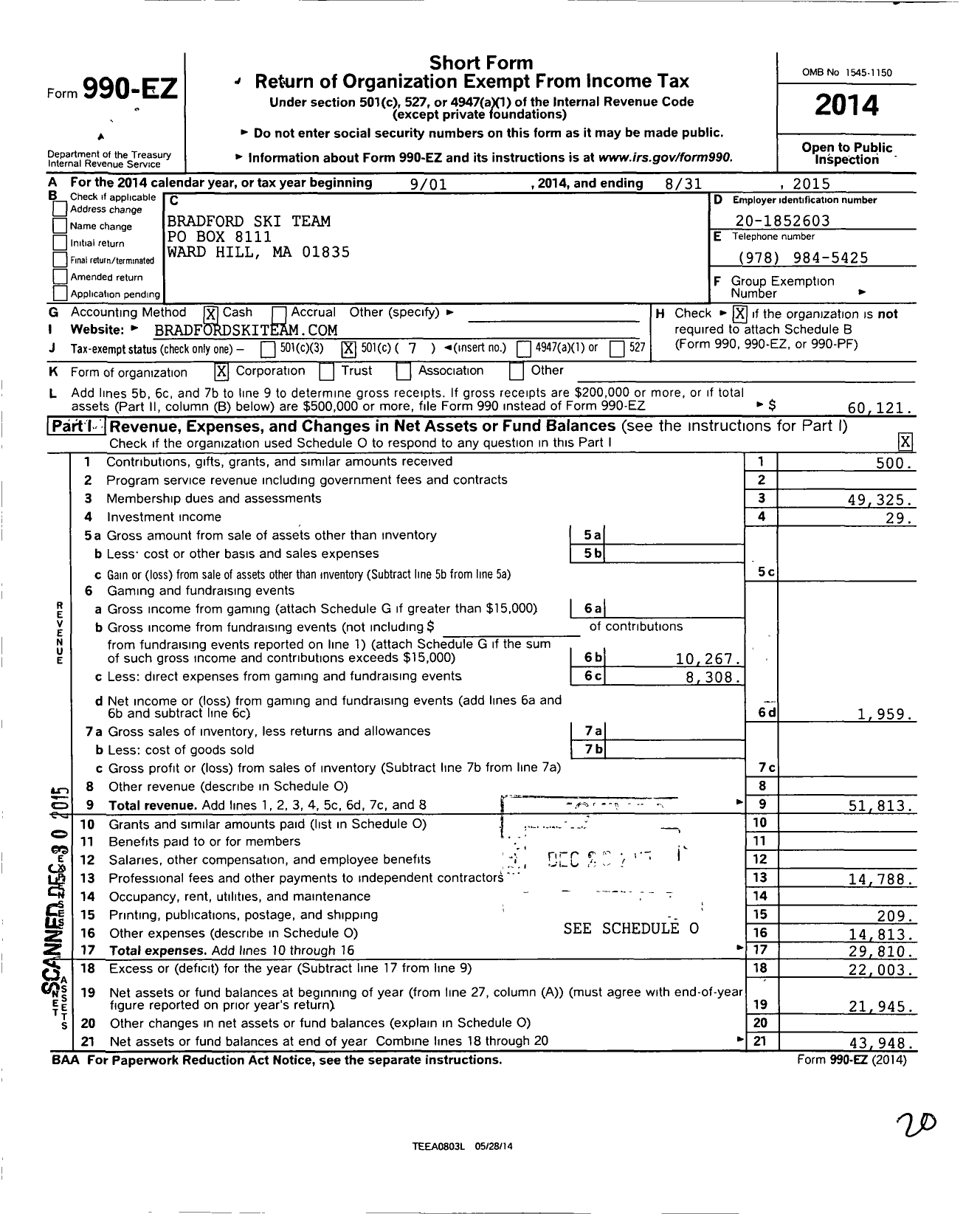 Image of first page of 2014 Form 990EO for Bradford Ski Team