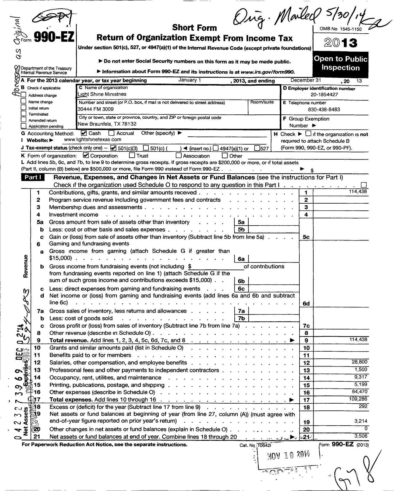 Image of first page of 2013 Form 990EZ for Light Shine Ministries