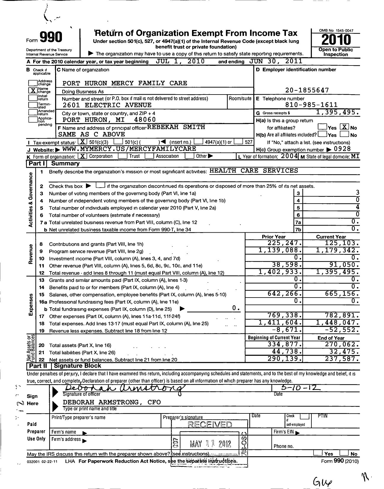 Image of first page of 2010 Form 990 for Lake Huron Medical Group