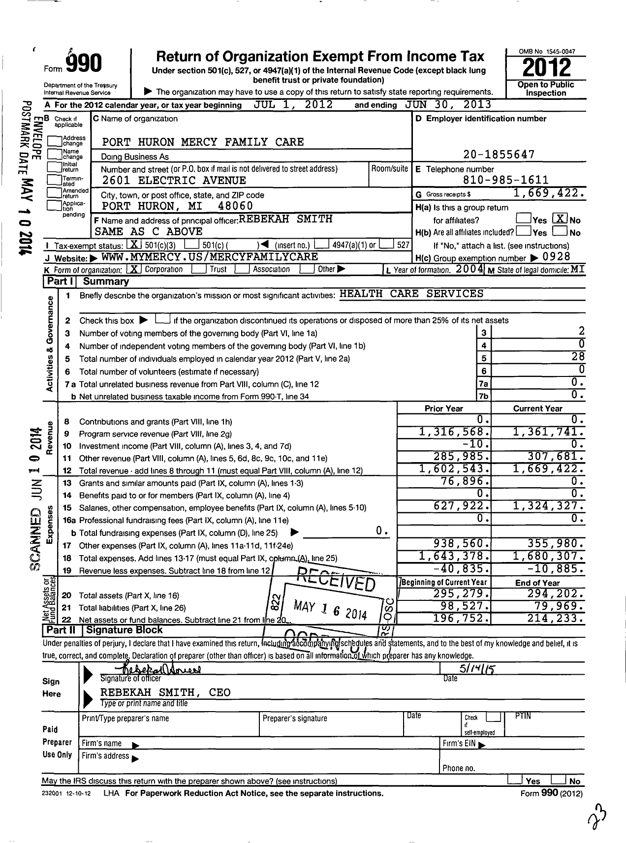 Image of first page of 2012 Form 990 for Lake Huron Medical Group