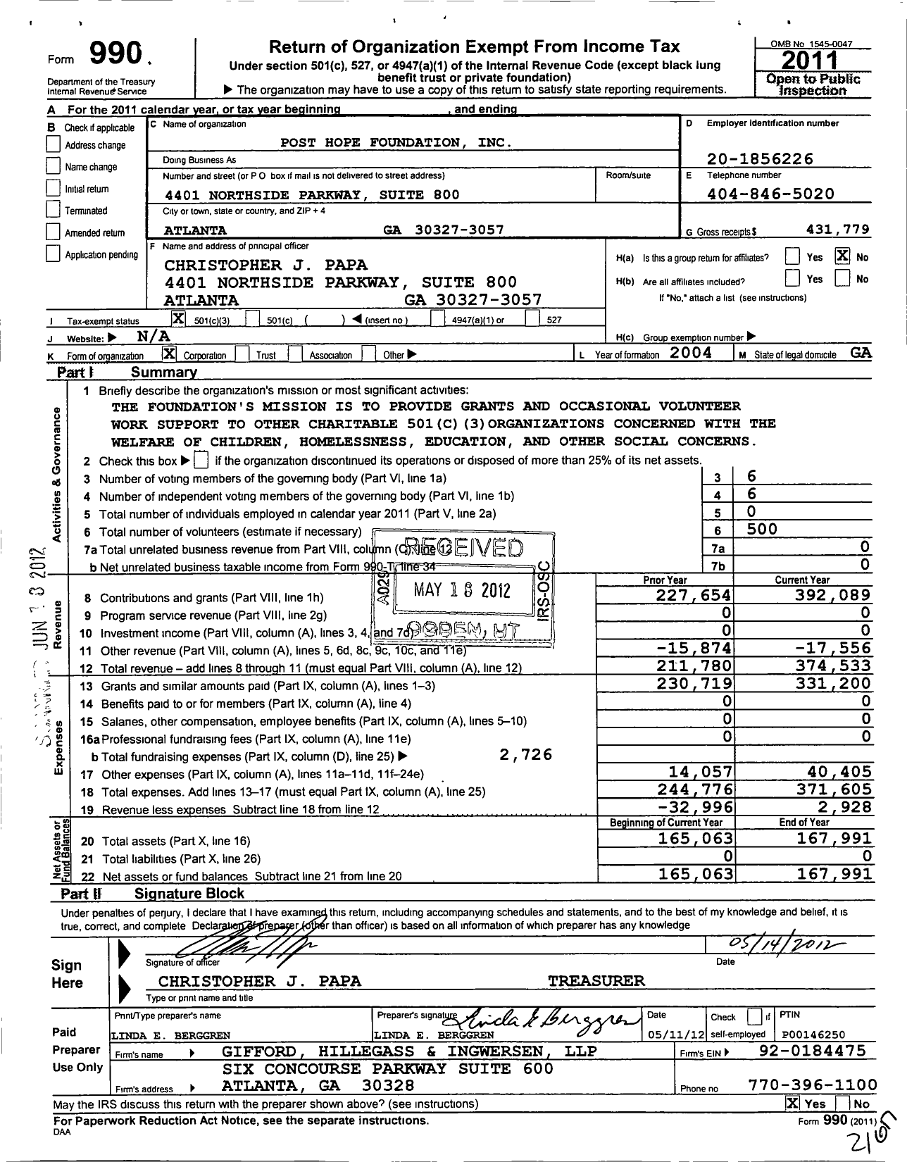 Image of first page of 2011 Form 990 for Post Hope Foundation