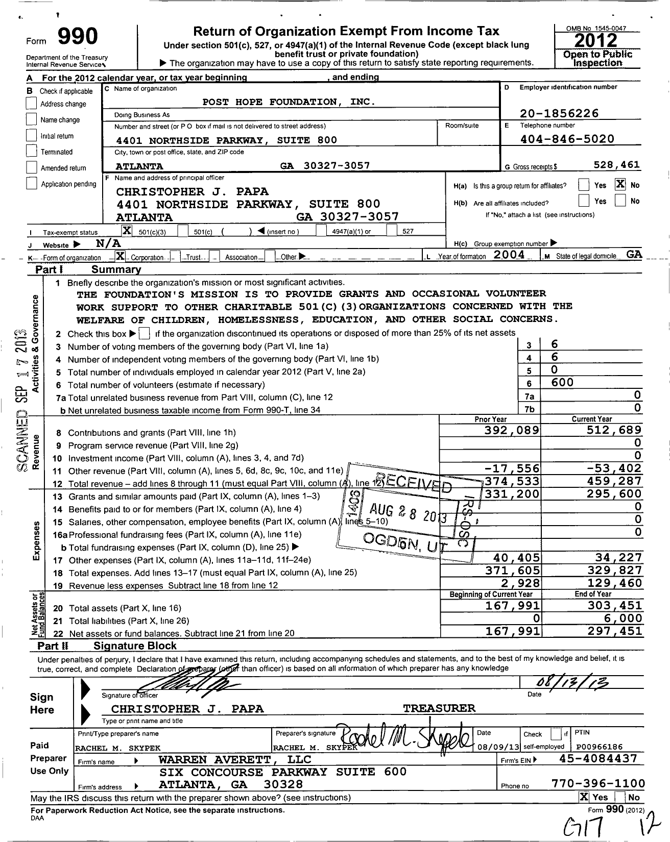 Image of first page of 2012 Form 990 for Post Hope Foundation