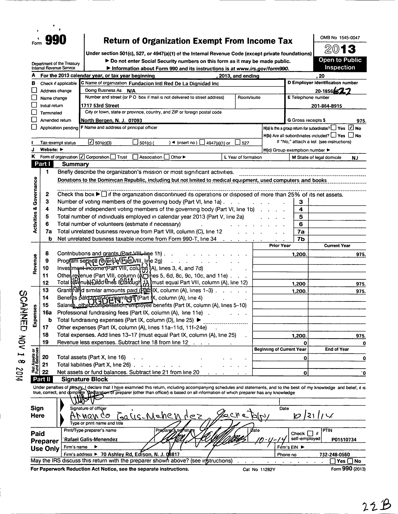 Image of first page of 2013 Form 990 for Fundacion Internacional Red de La Dignidad