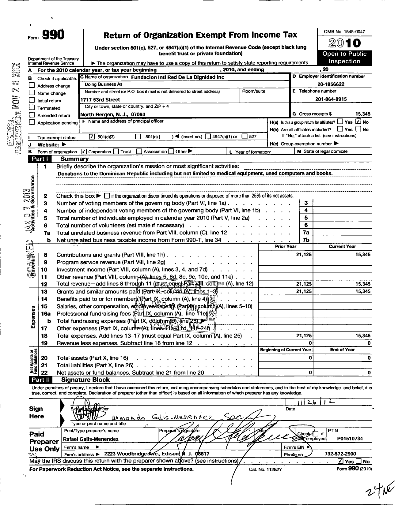 Image of first page of 2010 Form 990 for Fundacion Internacional Red de La Dignidad