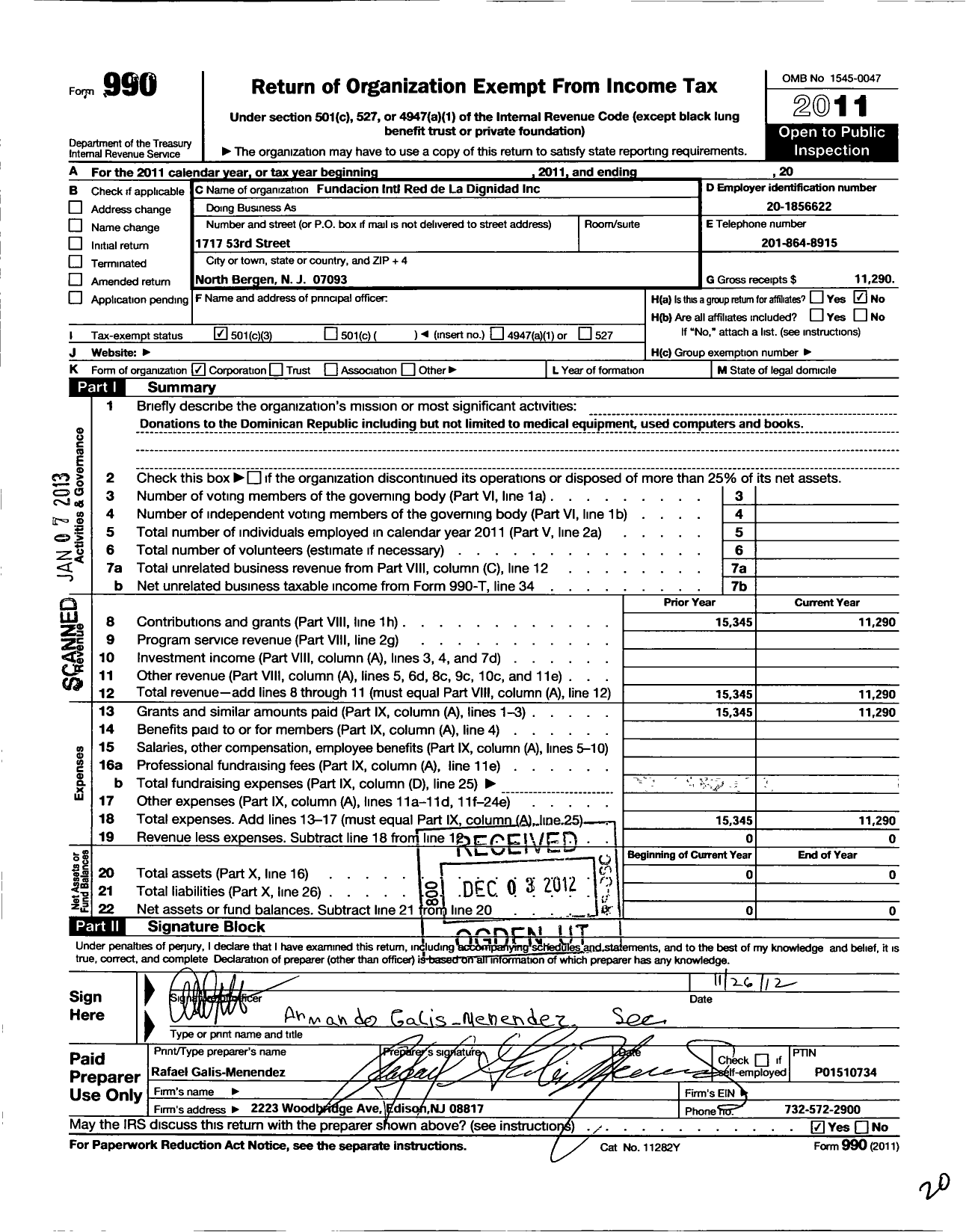 Image of first page of 2011 Form 990 for Fundacion Internacional Red de La Dignidad