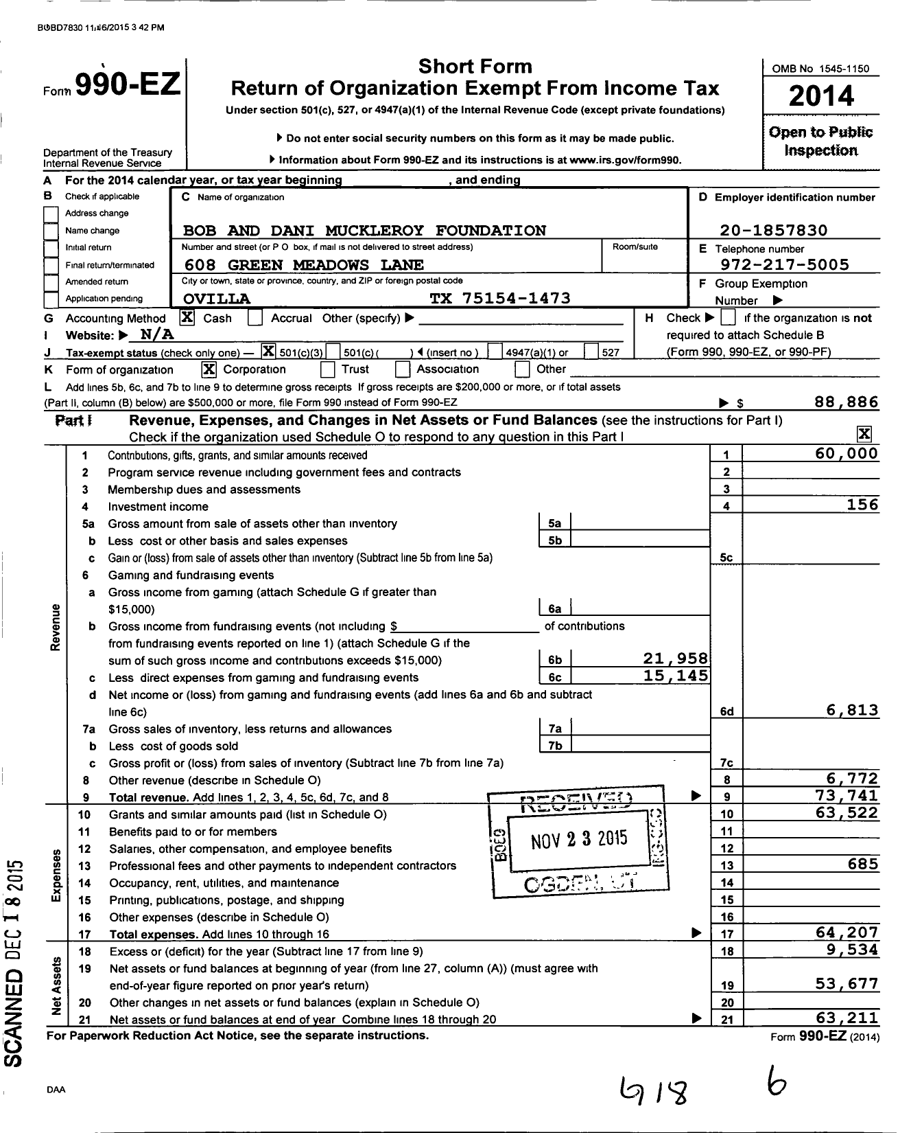 Image of first page of 2014 Form 990EZ for Bob and Dani Muckleroy Foundation