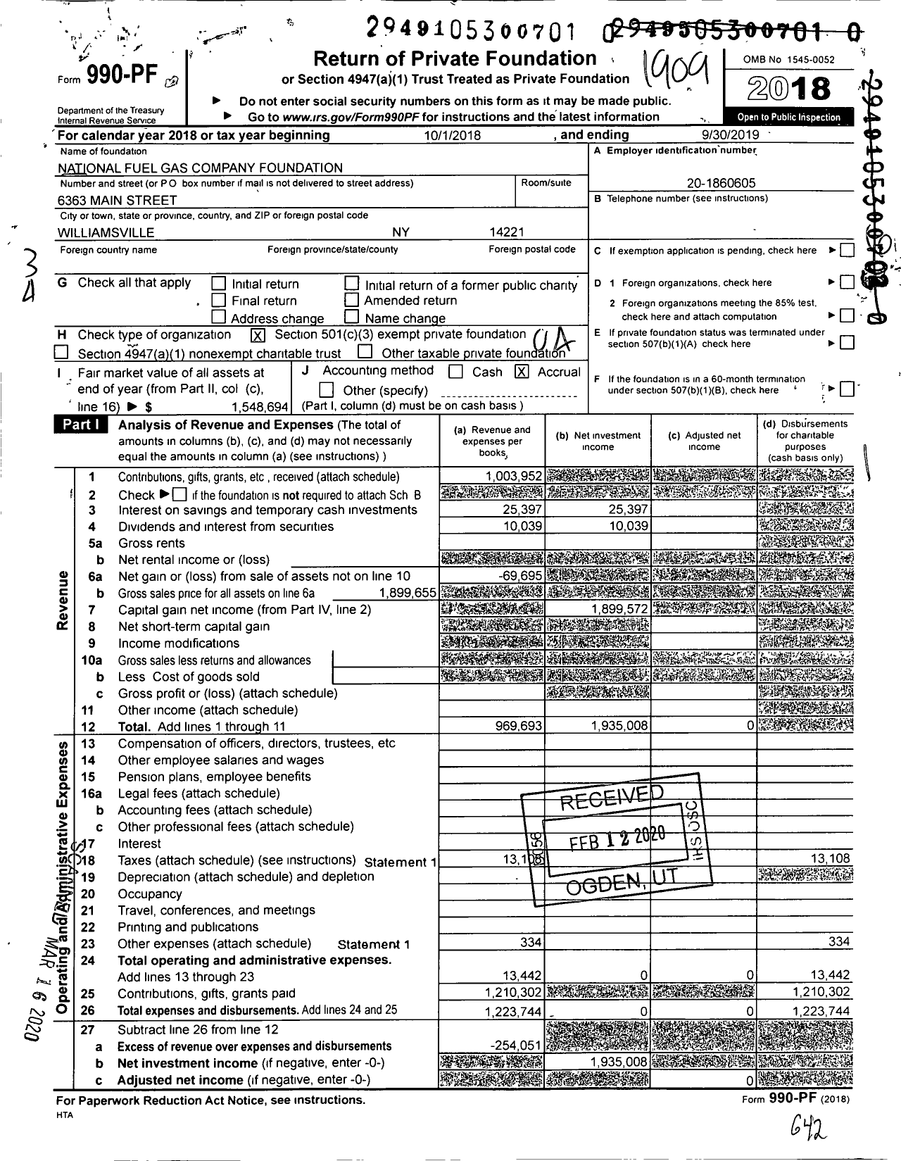 Image of first page of 2018 Form 990PR for National Fuel Gas Company Foundation