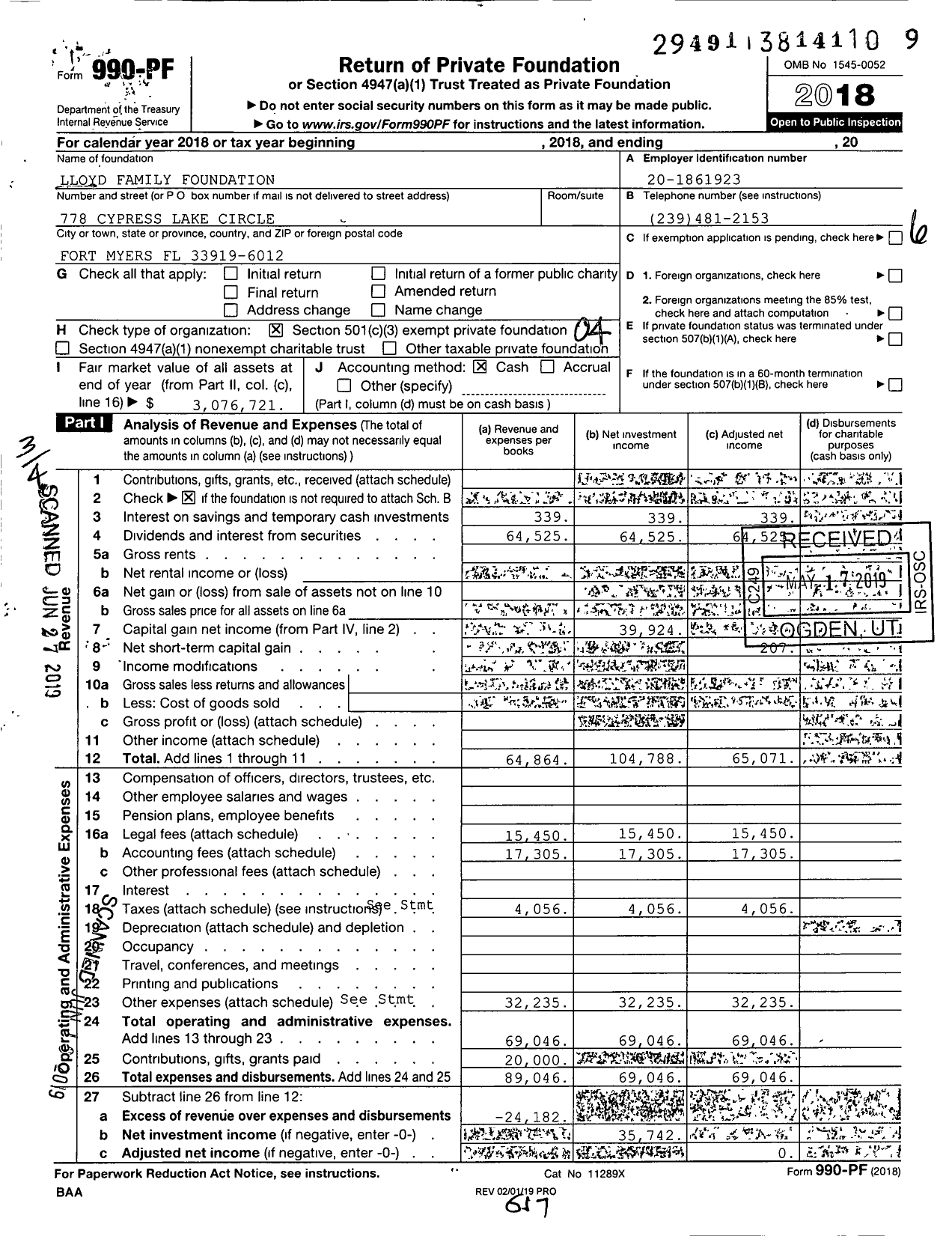 Image of first page of 2018 Form 990PF for Lloyd Family Foundation