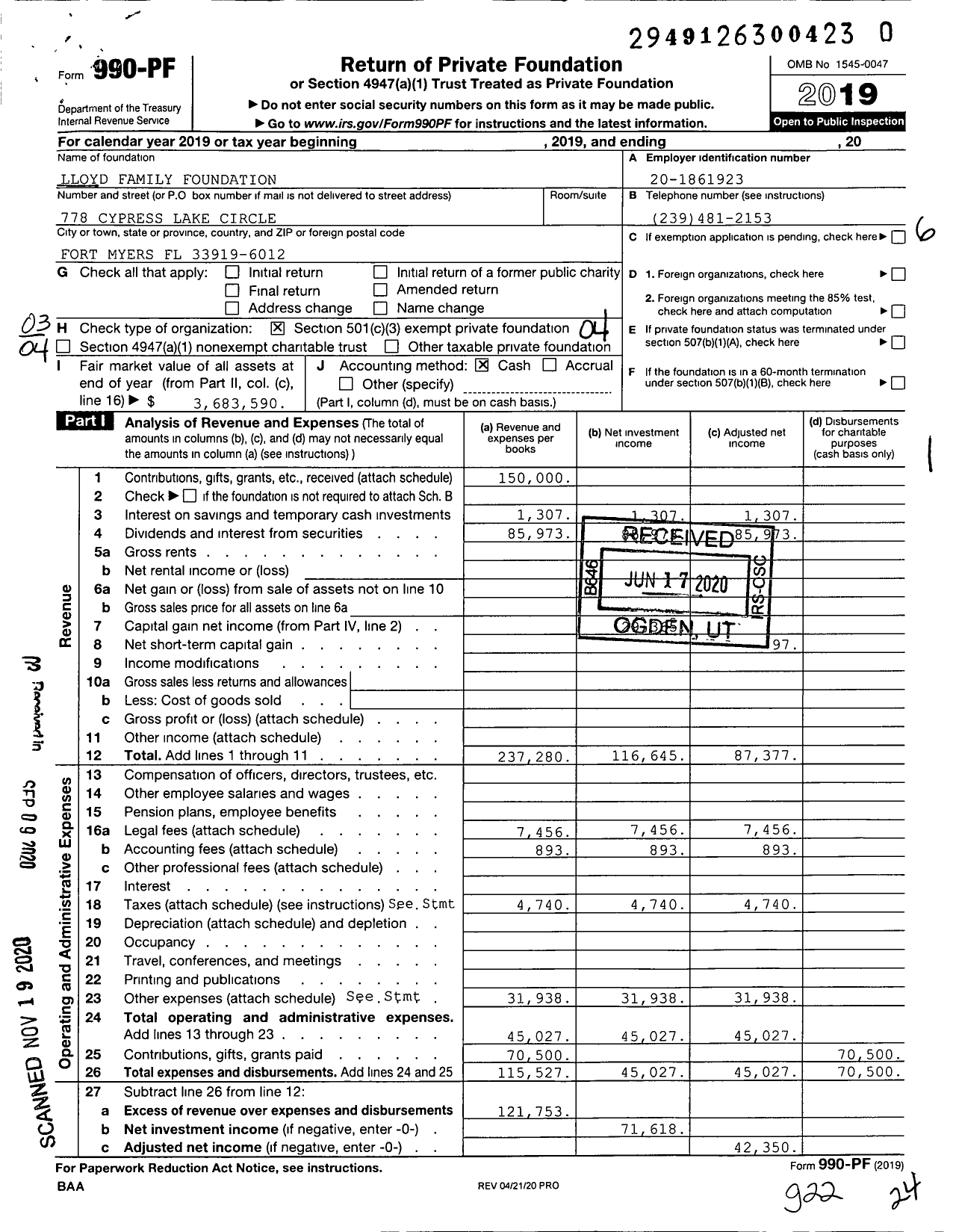 Image of first page of 2019 Form 990PF for Lloyd Family Foundation