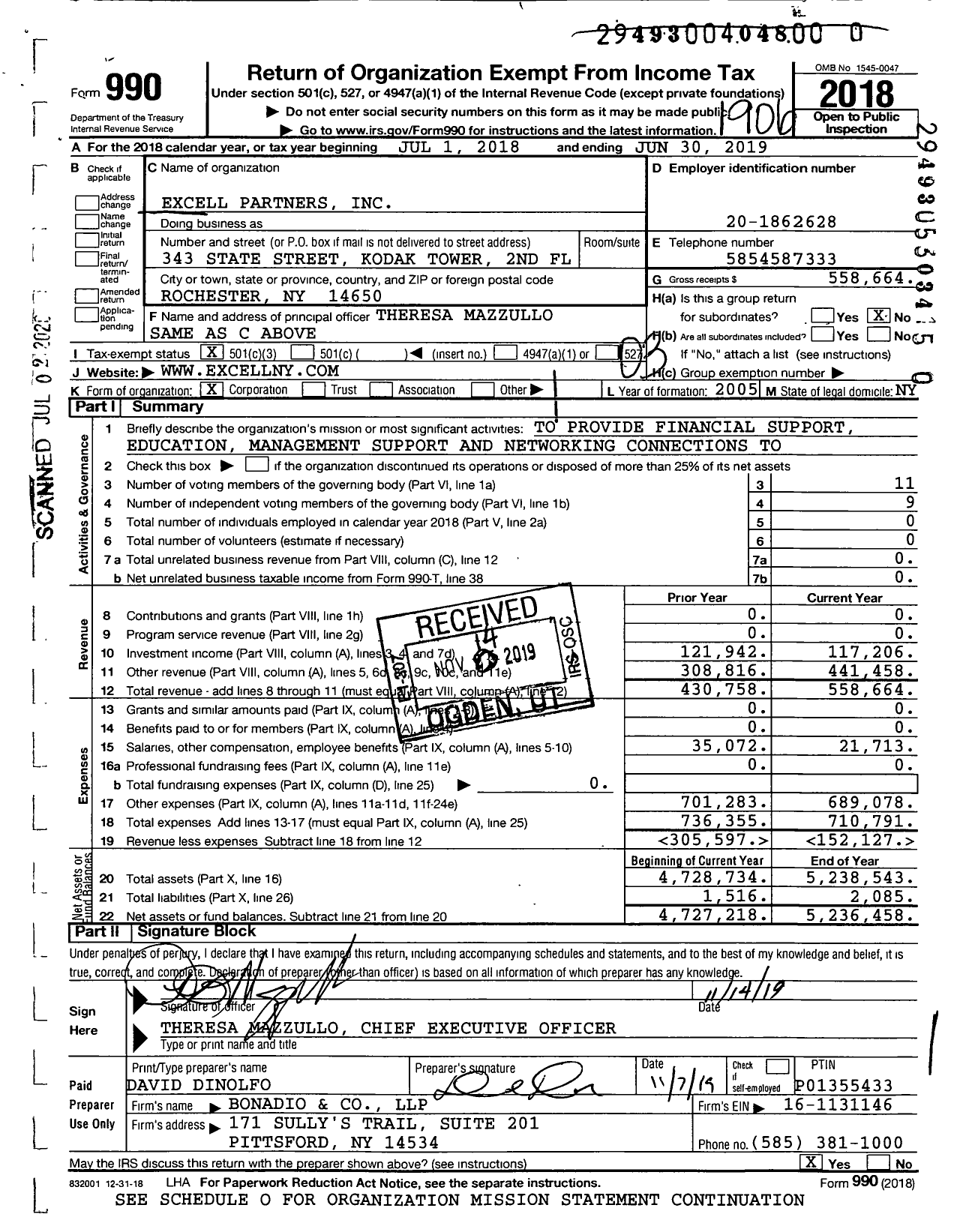 Image of first page of 2018 Form 990 for Excell Partners