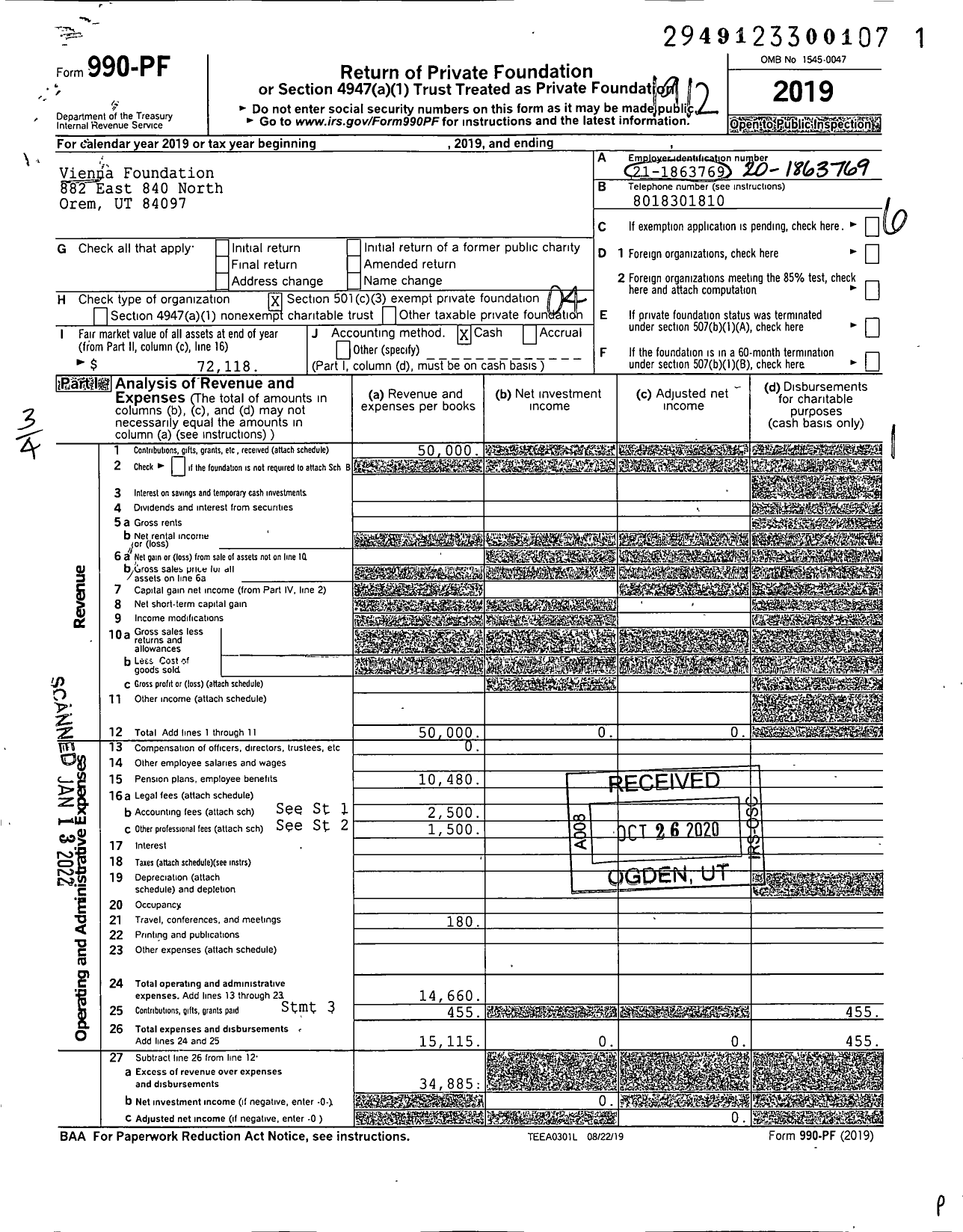 Image of first page of 2019 Form 990PF for Vienna Foundation