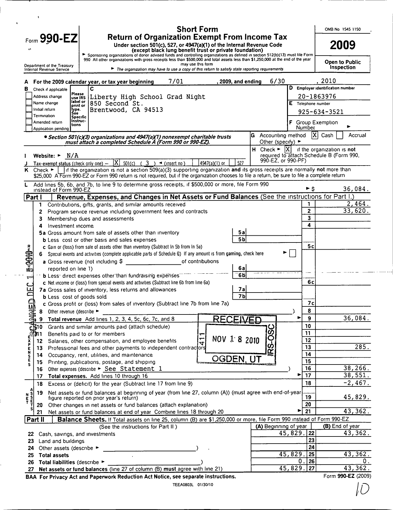 Image of first page of 2009 Form 990EZ for Liberty High School Grad Night