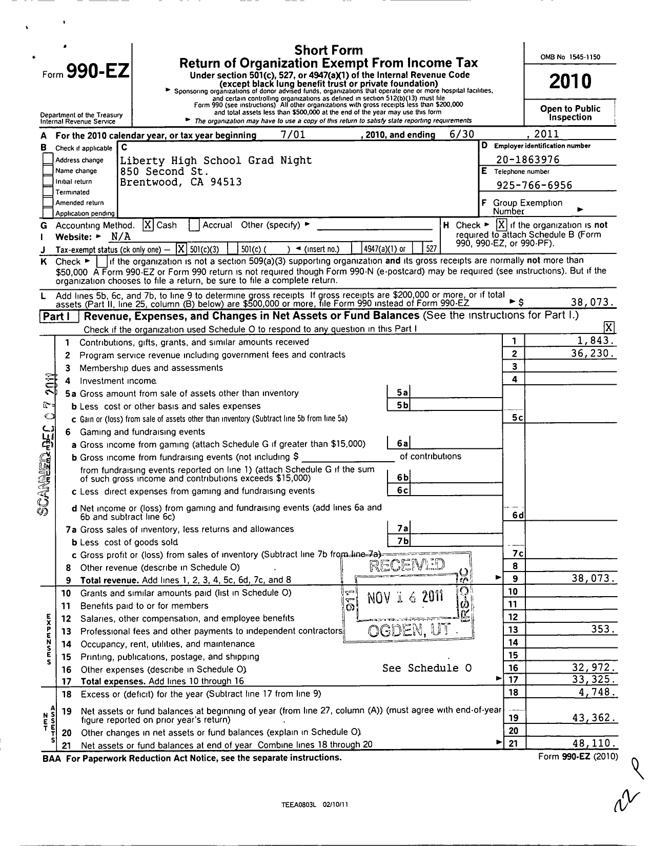 Image of first page of 2010 Form 990EZ for Liberty High School Grad Night