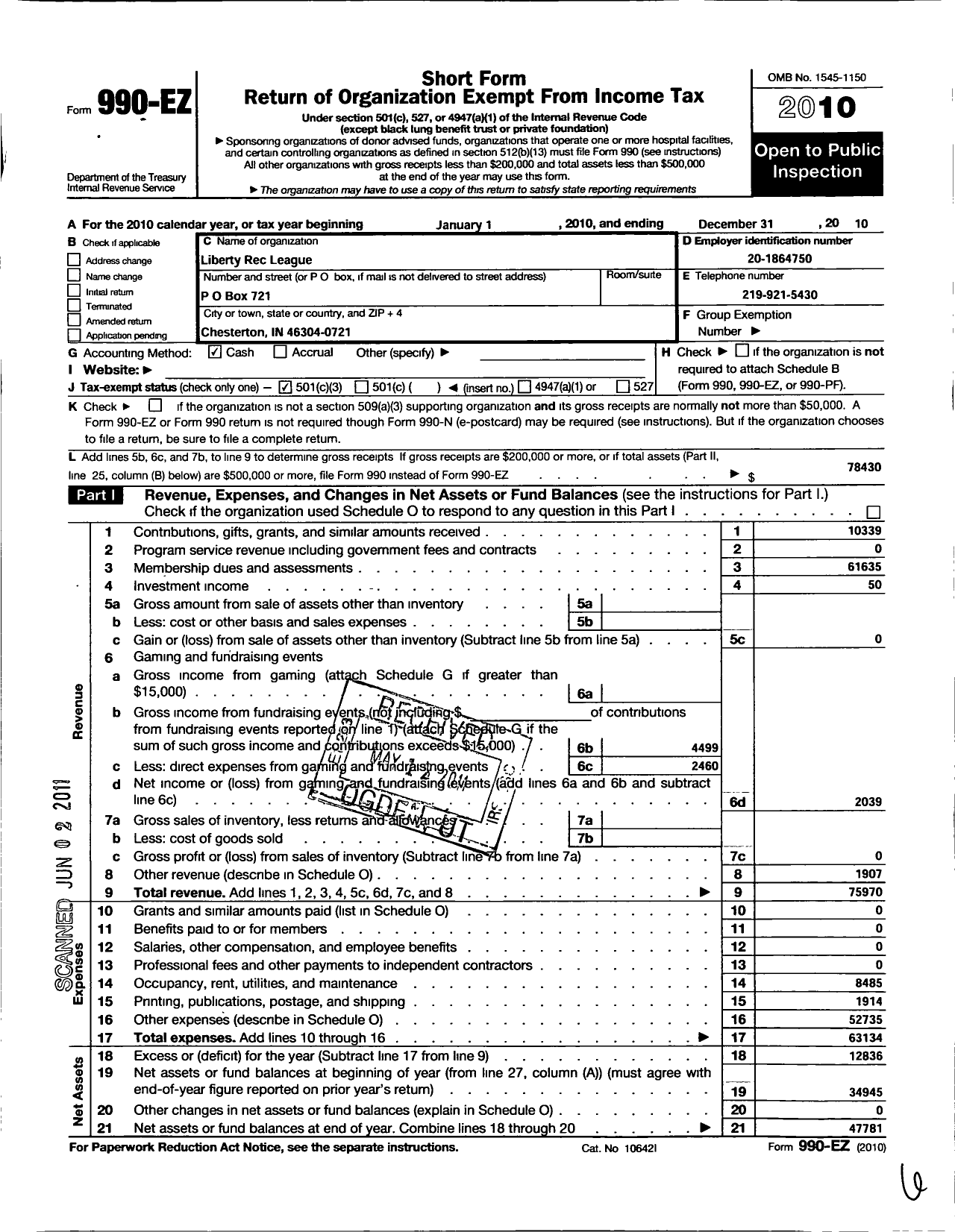 Image of first page of 2010 Form 990EZ for Liberty Rec League