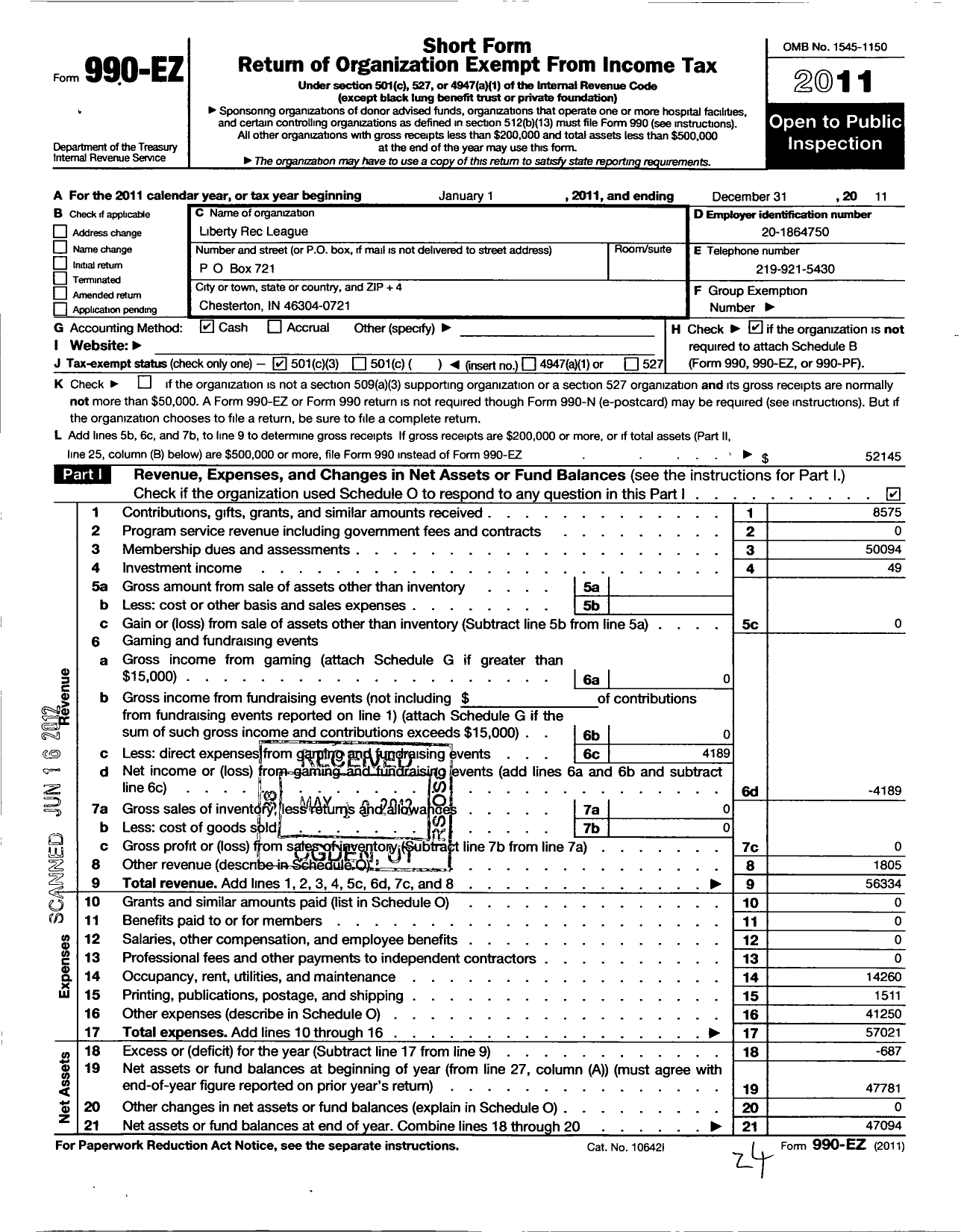 Image of first page of 2011 Form 990EZ for Liberty Rec League