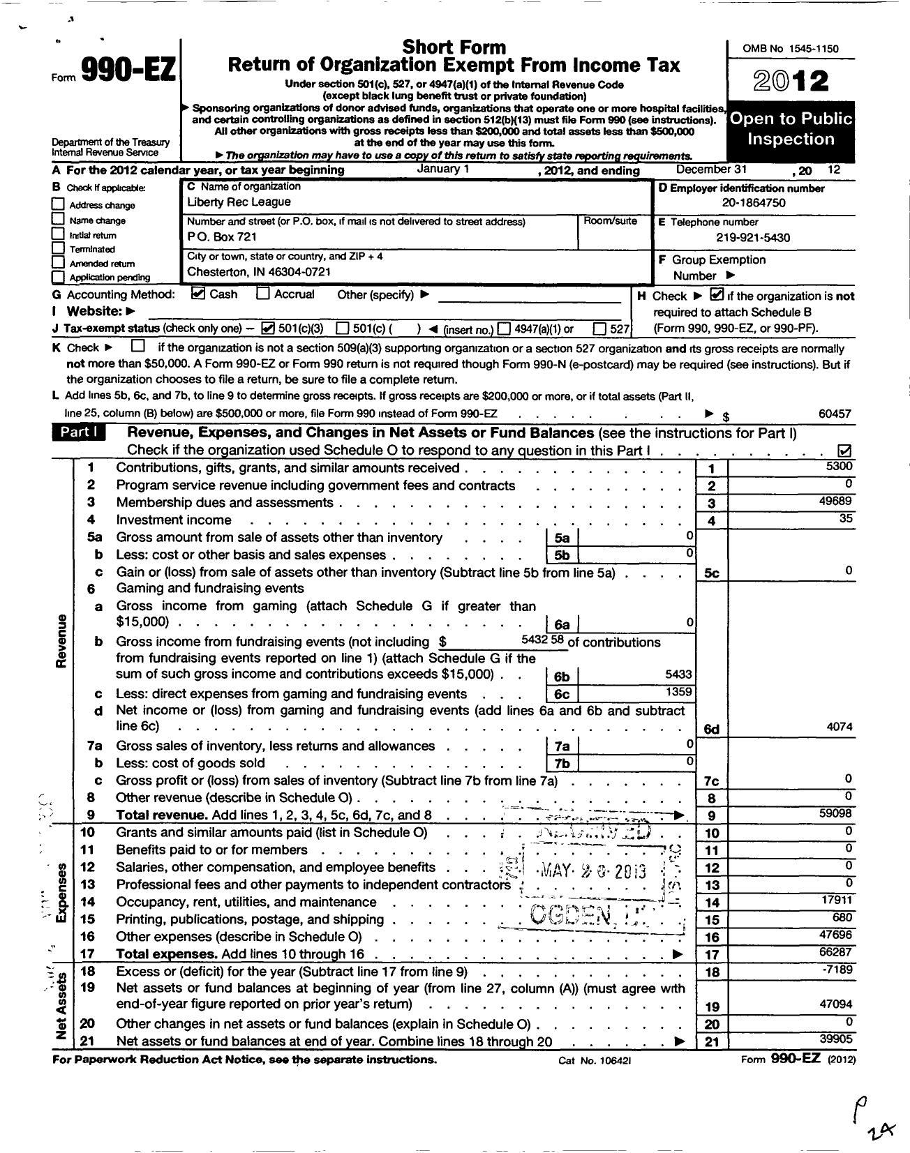 Image of first page of 2012 Form 990EZ for Liberty Rec League