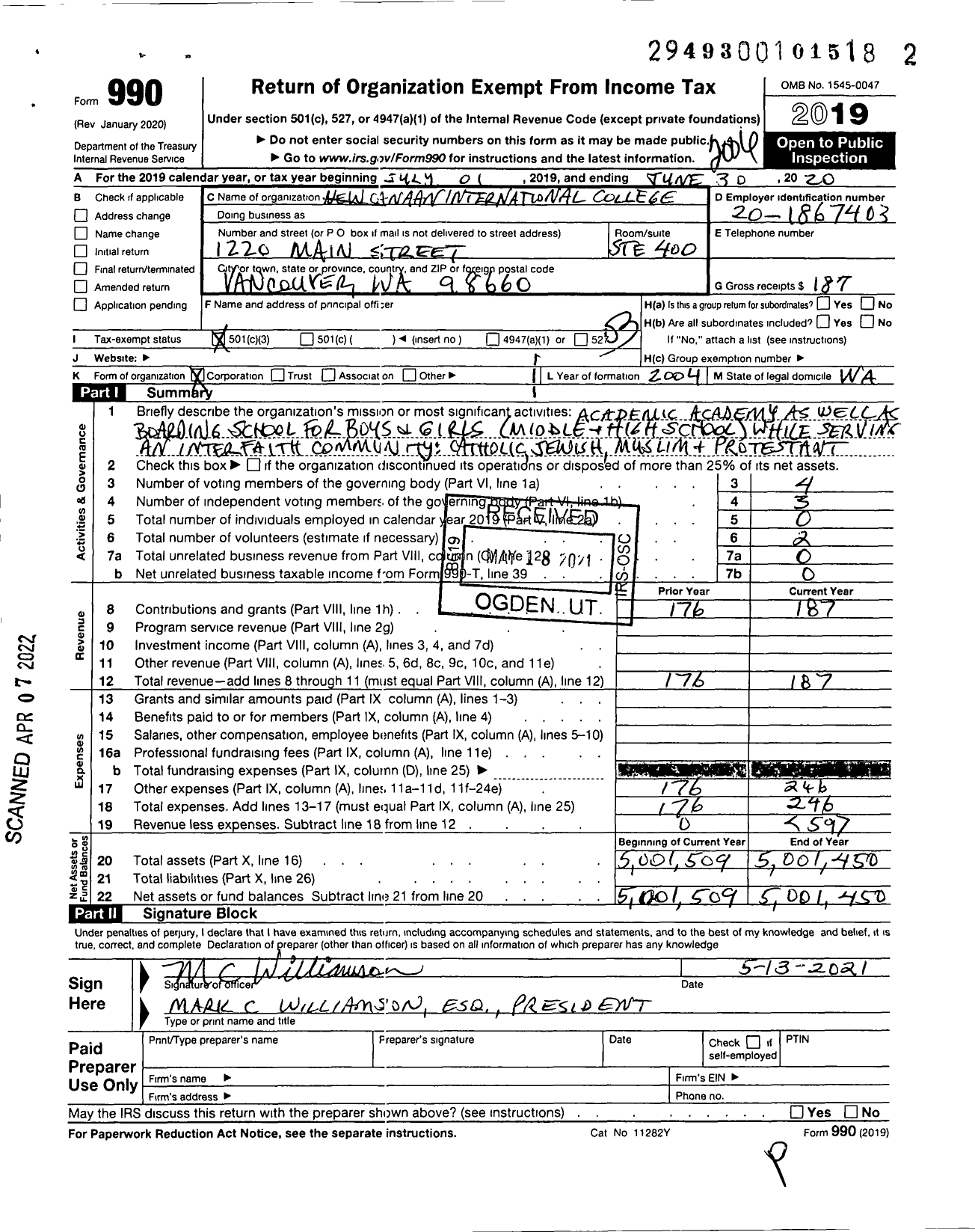 Image of first page of 2019 Form 990 for New Canaan International College