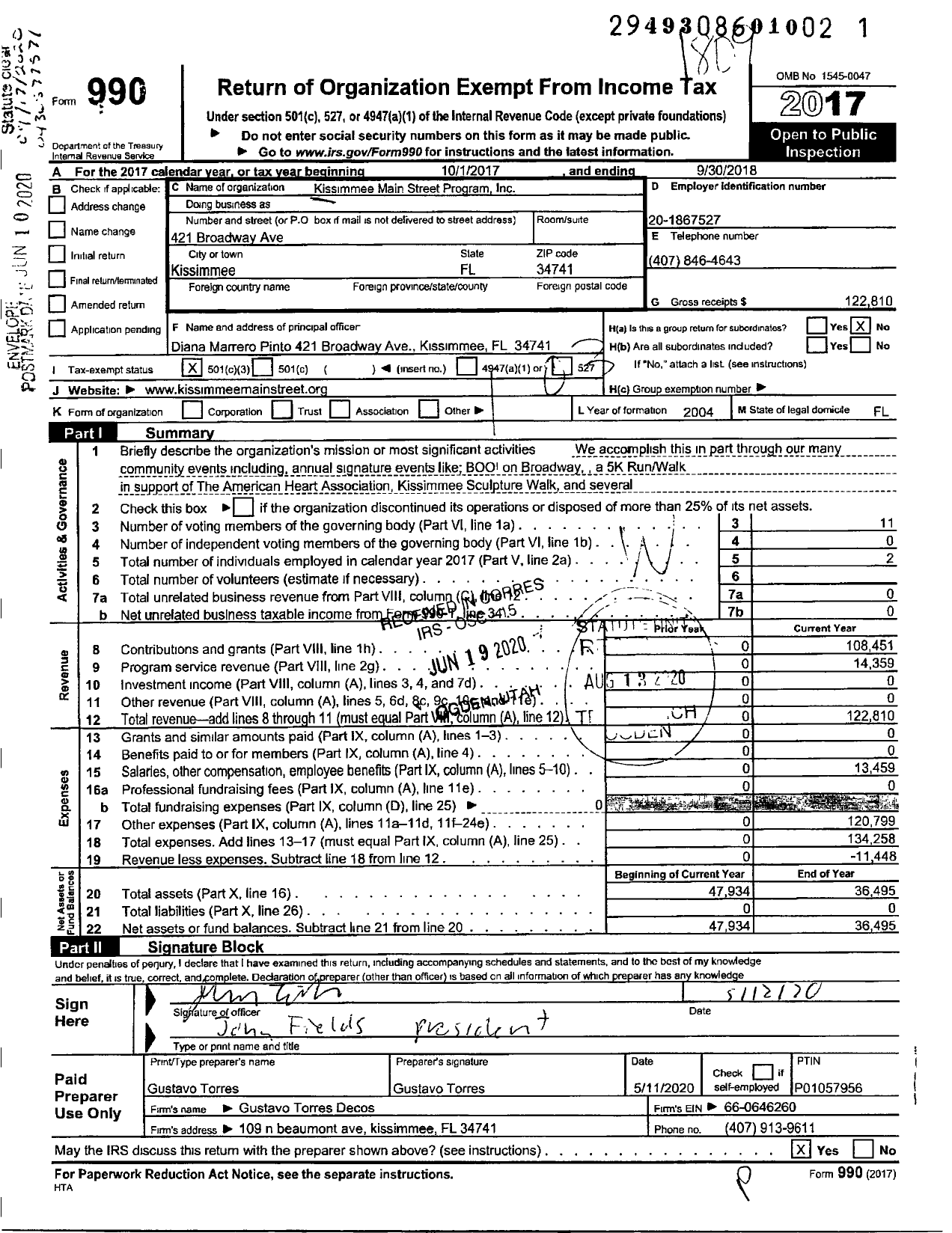 Image of first page of 2017 Form 990 for Kissimmee Main Street Program