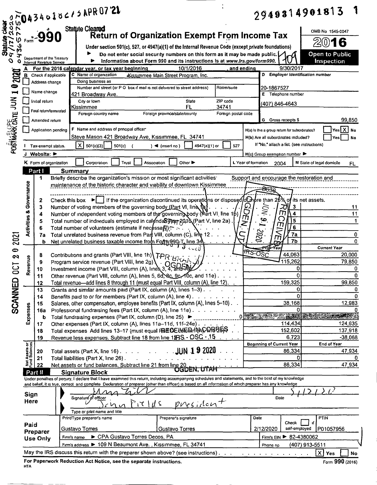 Image of first page of 2016 Form 990 for Kissimmee Main Street Program