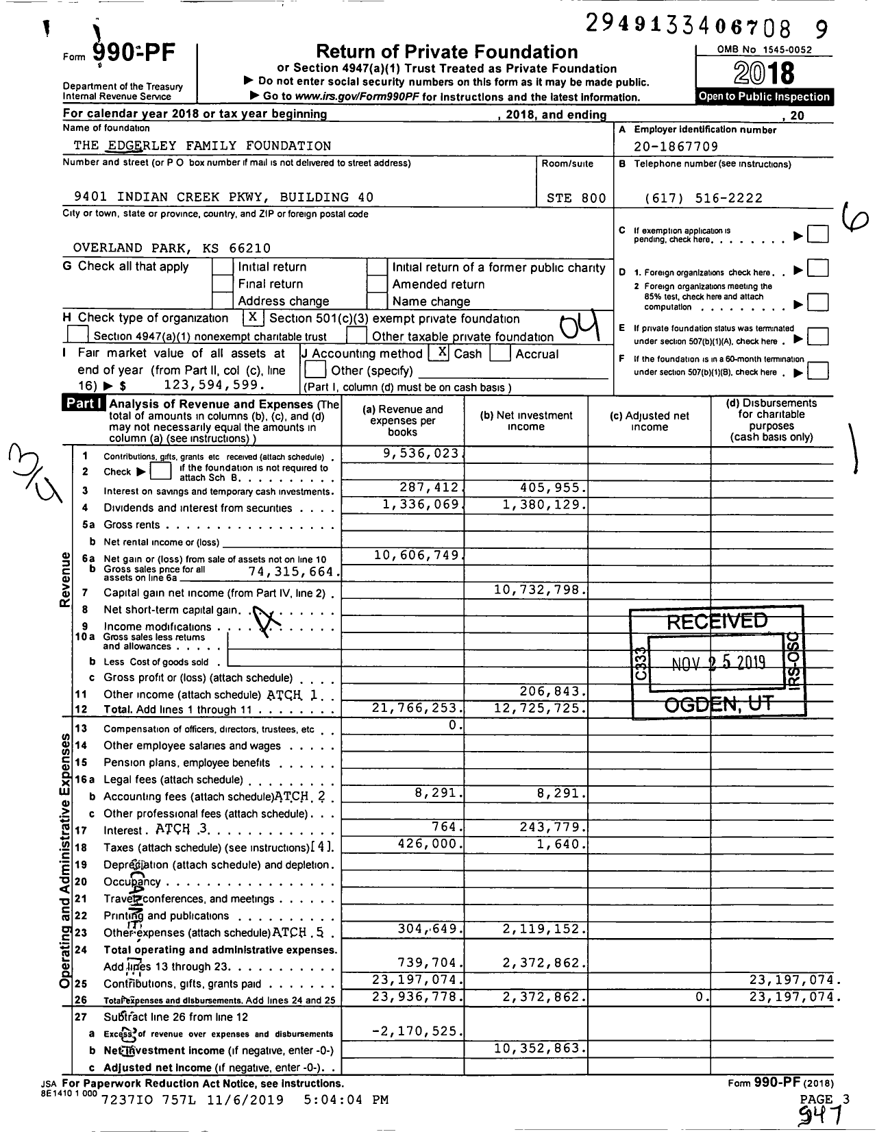 Image of first page of 2018 Form 990PF for Edgerley Family Foundation