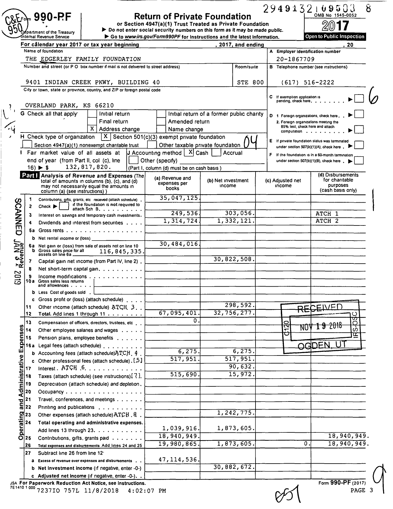 Image of first page of 2017 Form 990PF for Edgerley Family Foundation
