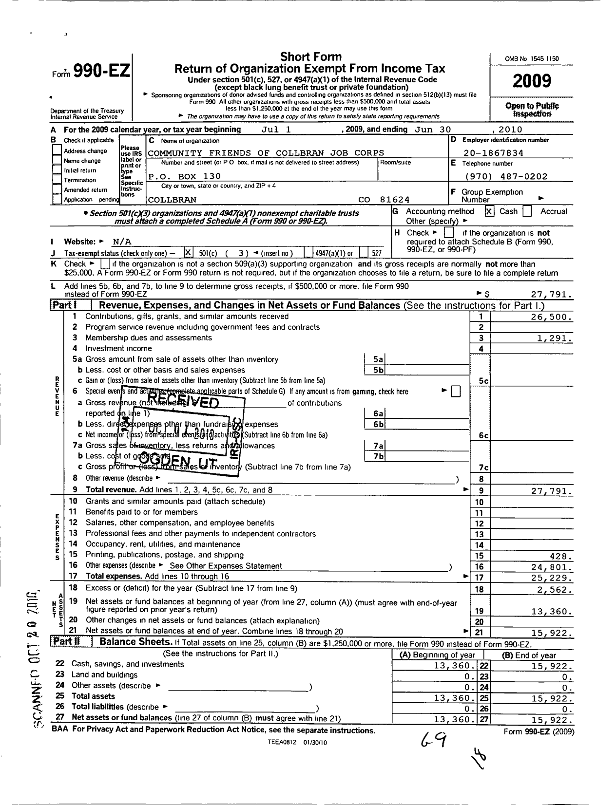 Image of first page of 2009 Form 990EZ for Community Friends of Collbran Job Corps