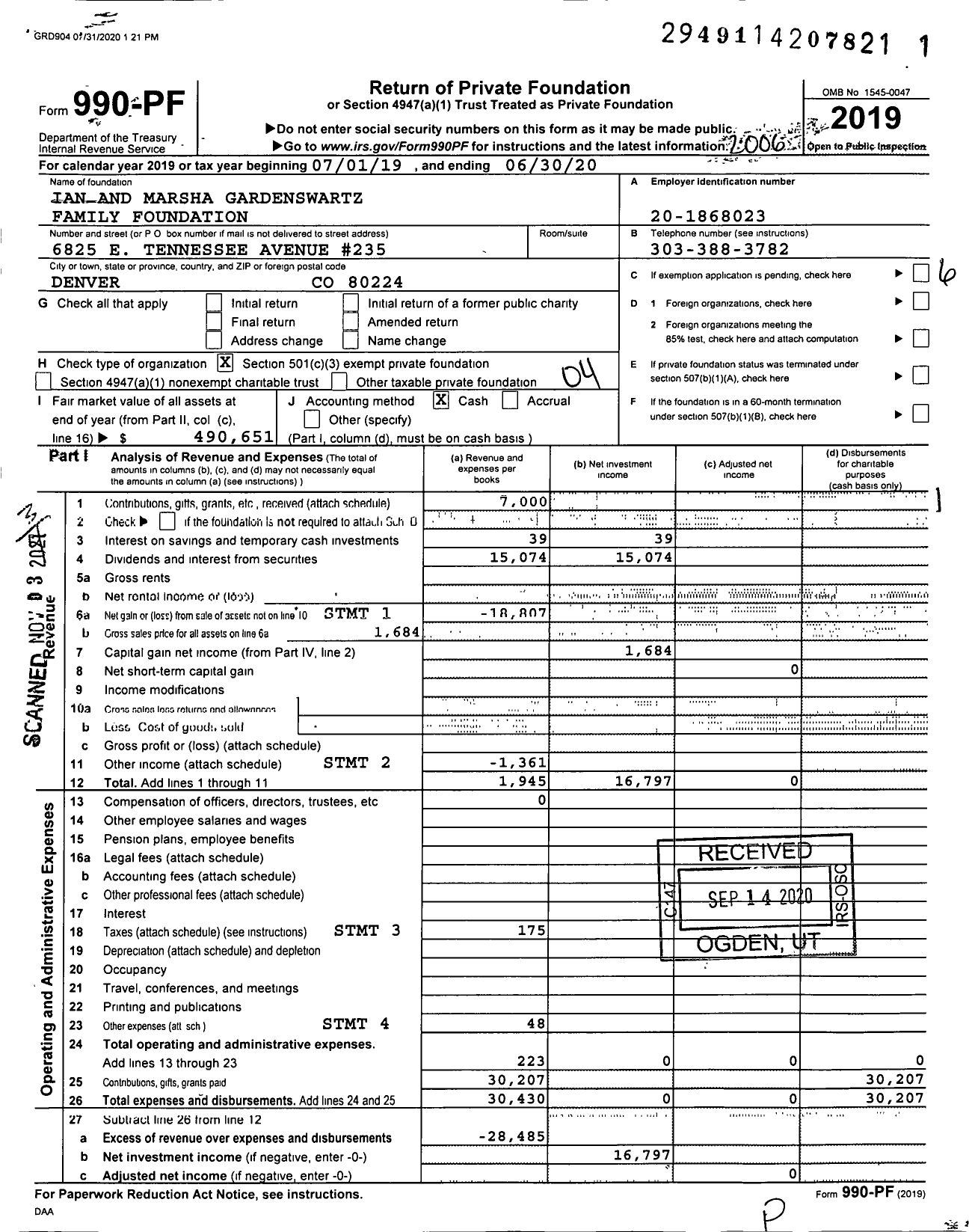 Image of first page of 2019 Form 990PF for Ian and Marsha Gardenswartz Family Foundation