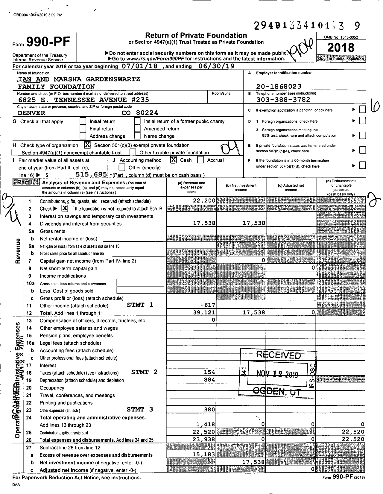 Image of first page of 2018 Form 990PF for Ian and Marsha Gardenswartz Family Foundation