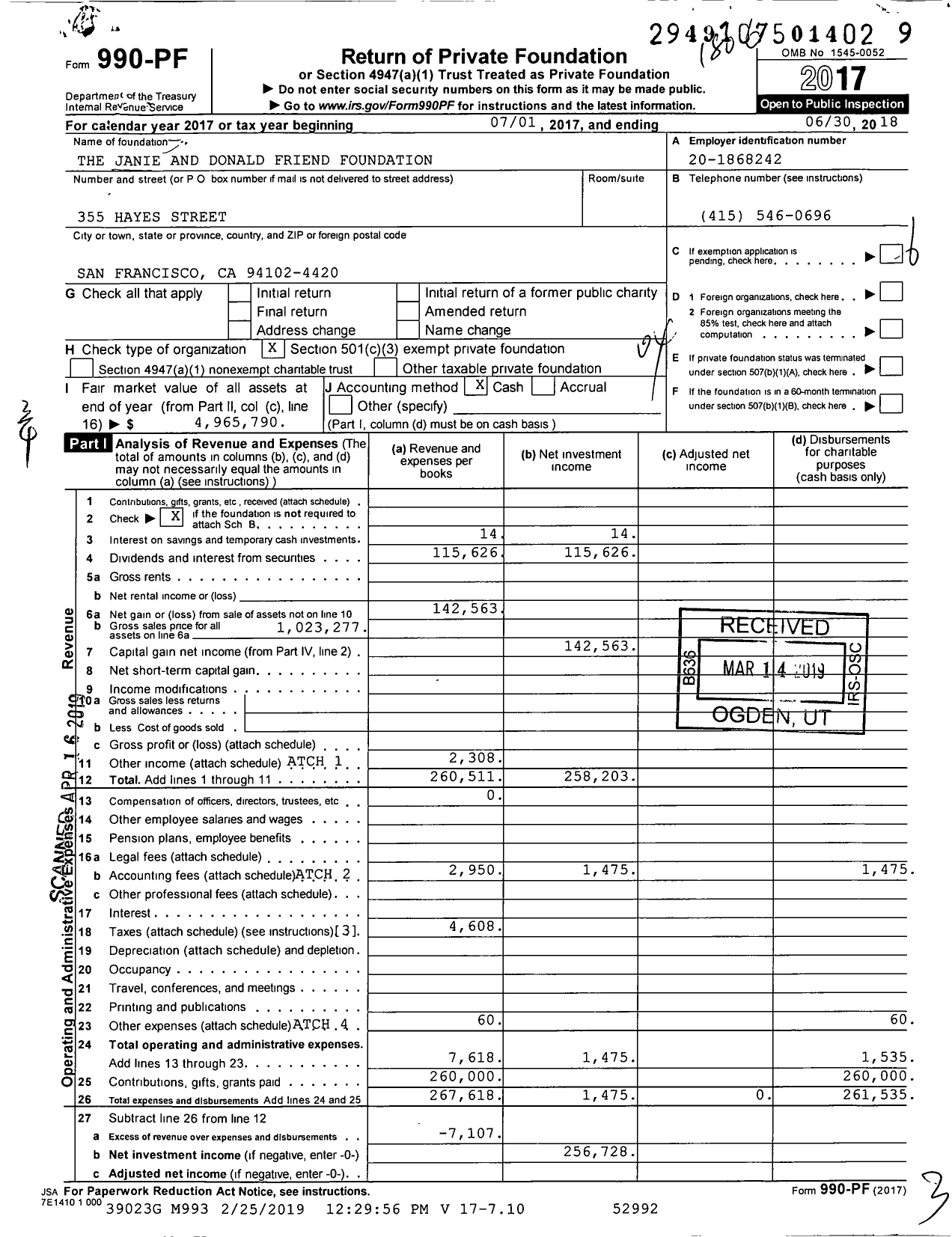 Image of first page of 2017 Form 990PF for The Janie and Donald Friend Foundation