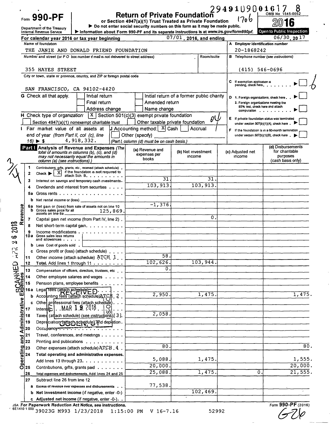 Image of first page of 2016 Form 990PF for The Janie and Donald Friend Foundation