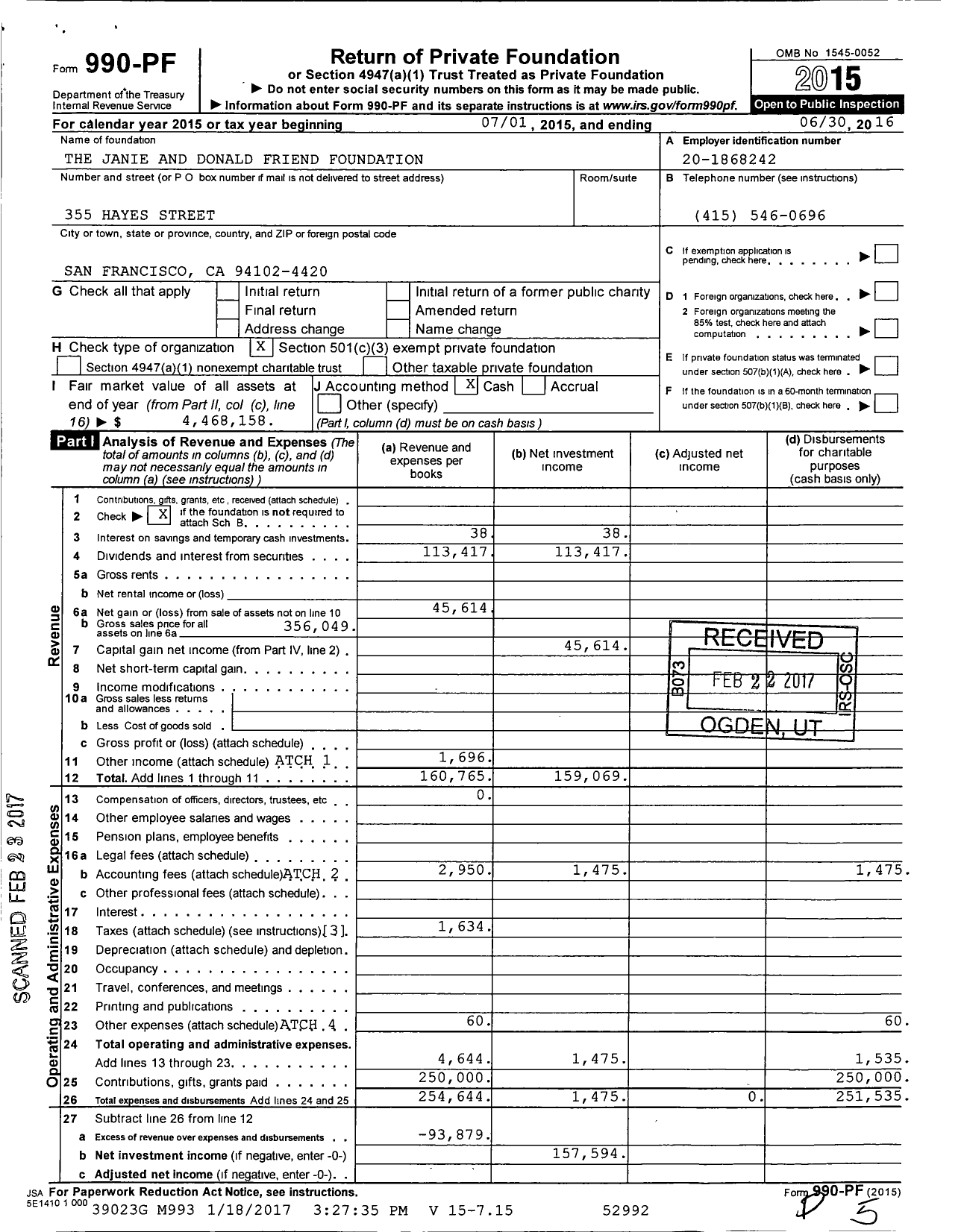 Image of first page of 2015 Form 990PF for The Janie and Donald Friend Foundation