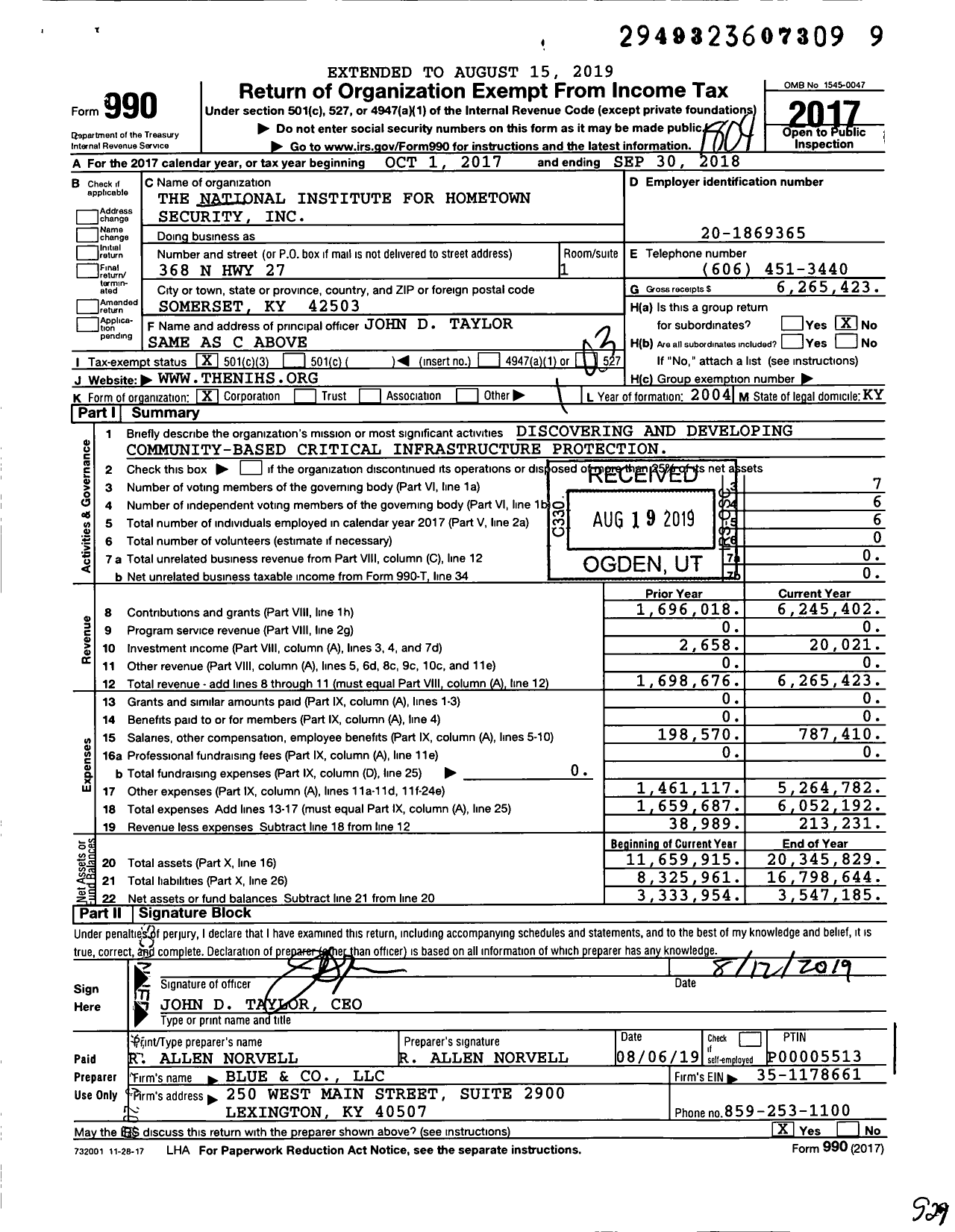 Image of first page of 2017 Form 990 for National Institute for Hometown Security (NIHS)